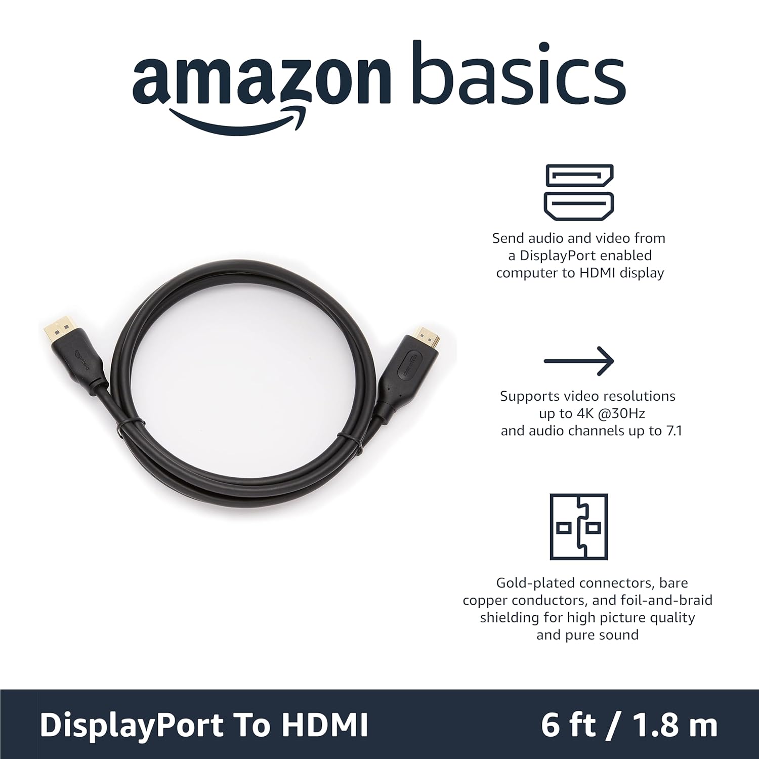 AmazonBasics 6-Feet DisplayPort (not USB port) to HDMI Cable, Black