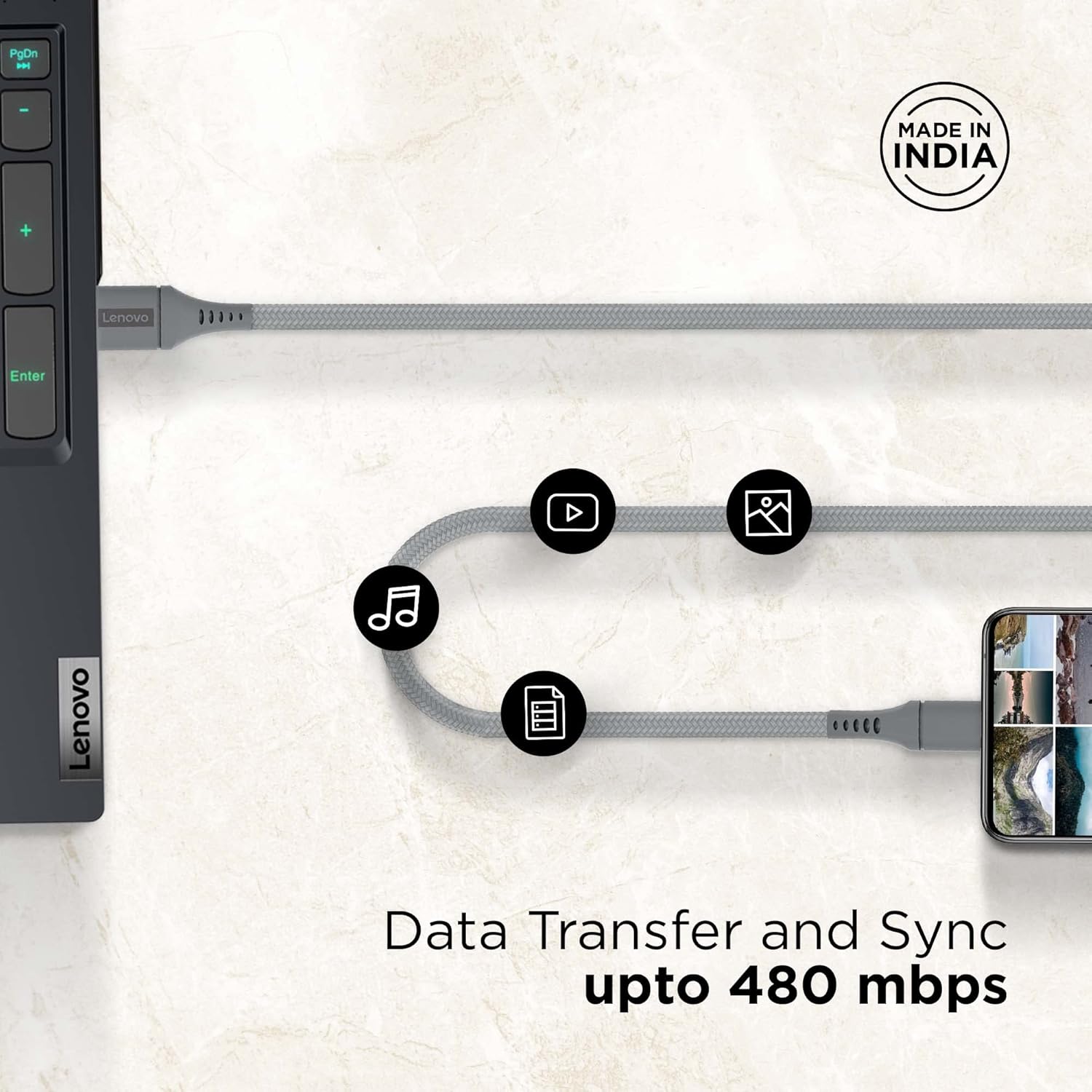 Lenovo Micro USB Cable Tangle-Free Aramid Fiber Braided 1M Cable With 4A Charging & 480 MBPS Data Transmission, Certified 10000+ Bend Lifespan, Metallic Grey