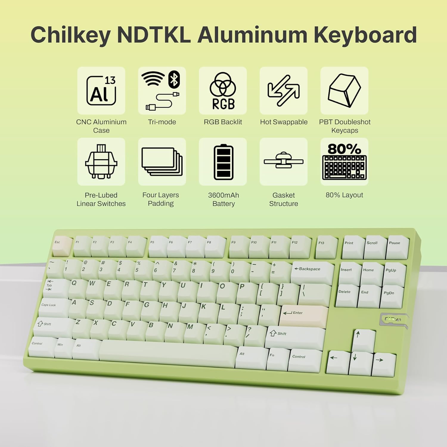 OOCTPK Chilkey ND TKL Aluminum Mechanical Keyboard, 87 Keys Tenkeyless Wireless Gaming Keyboard, Tri-Mode BT5.3/2.4GHz/USB-C PBT Keycaps Hot Swappable Custom Key Board for Windows Laptop Office PC