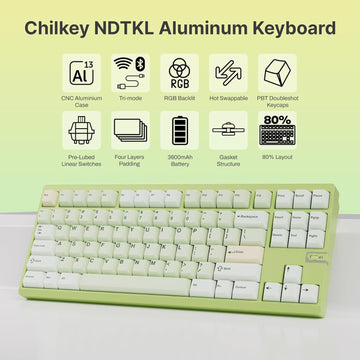 OOCTPK Chilkey ND TKL Aluminum Mechanical Keyboard, 87 Keys Tenkeyless Wireless Gaming Keyboard, Tri-Mode BT5.3/2.4GHz/USB-C PBT Keycaps Hot Swappable Custom Key Board for Windows Laptop Office PC
