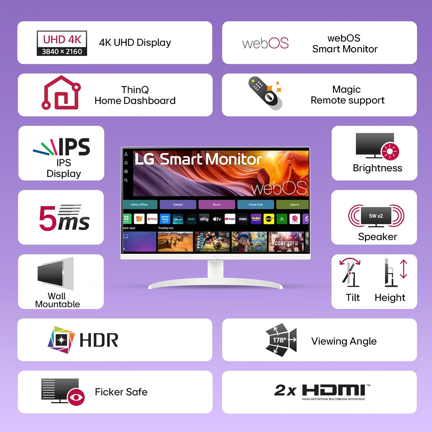 LG 32SR75U Smart Monitor with Steaming TV,32", 4K UHD (3840 x 2160), HDR10, USB Type-C, WebOS, Apple AirPlay 2, Screen Share, Bluetooth, Built-in Speaker, Height Adj., HDMI, USB, Remote Control,White