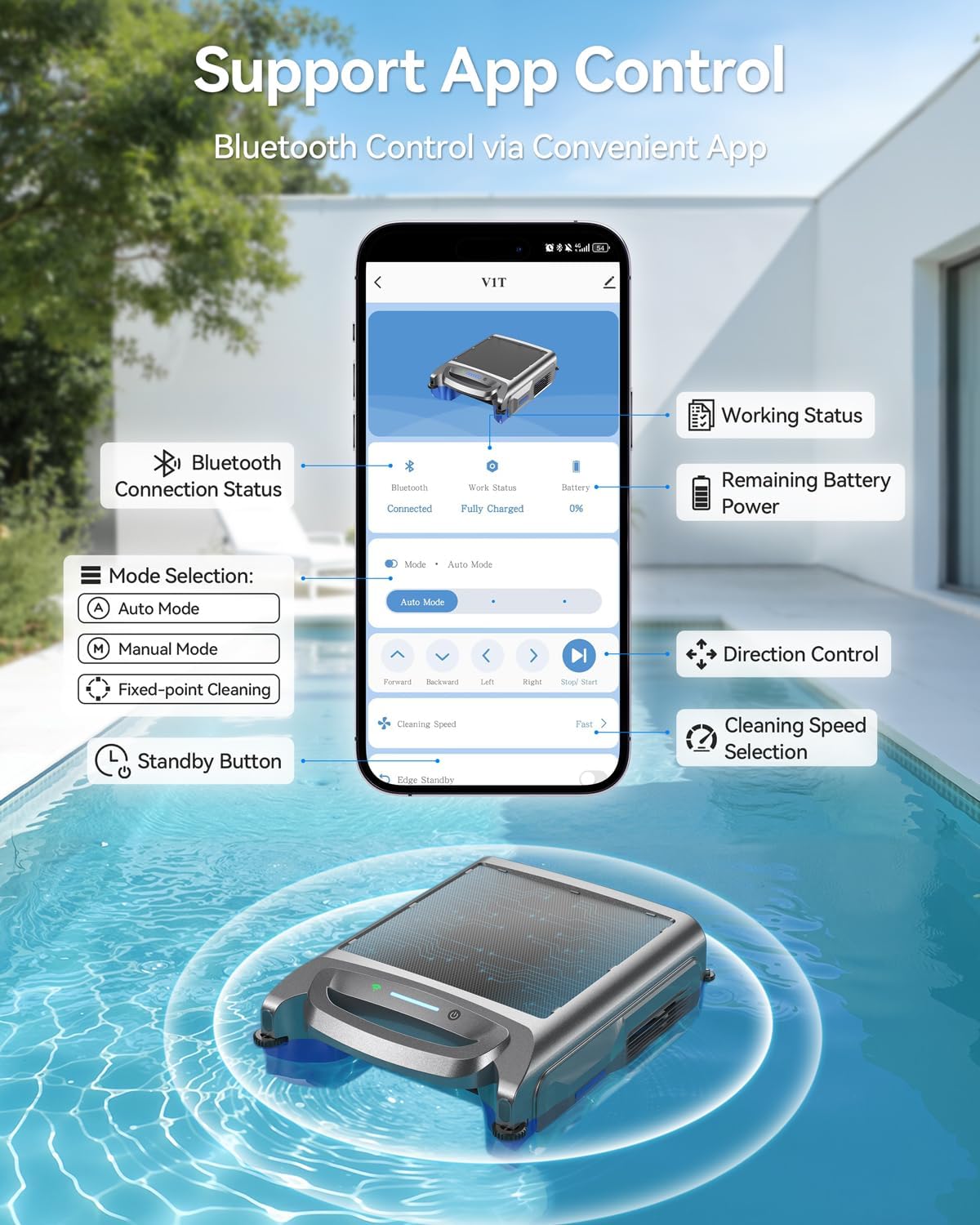 2026 New V1T Solar Pool Skimmer, Robotic Pool Surface Skimmer Cleaner with App Control -24/7 Continuous Cleaning Smart Obstacle Avoidance Dual Charging Options Ideal for Above Ground Pool