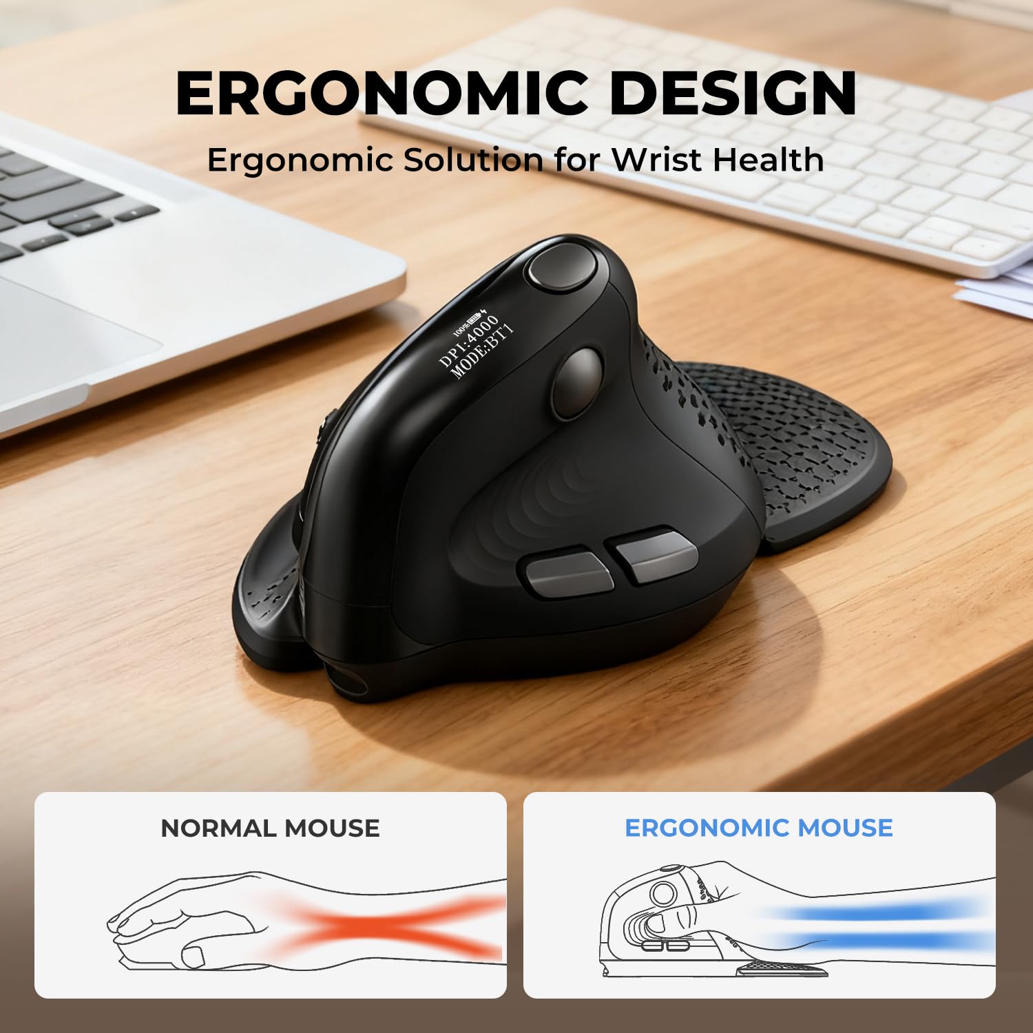 DeLUX Seeker Wireless Ergonomic Vertical Mouse with OLED Screen, BT and USB Receiver, Connect with Up to 4 Devices, Thumb Wheel, 4000DPI, Programmable Rechargeable Silent Mouse(M618XSD-Black)