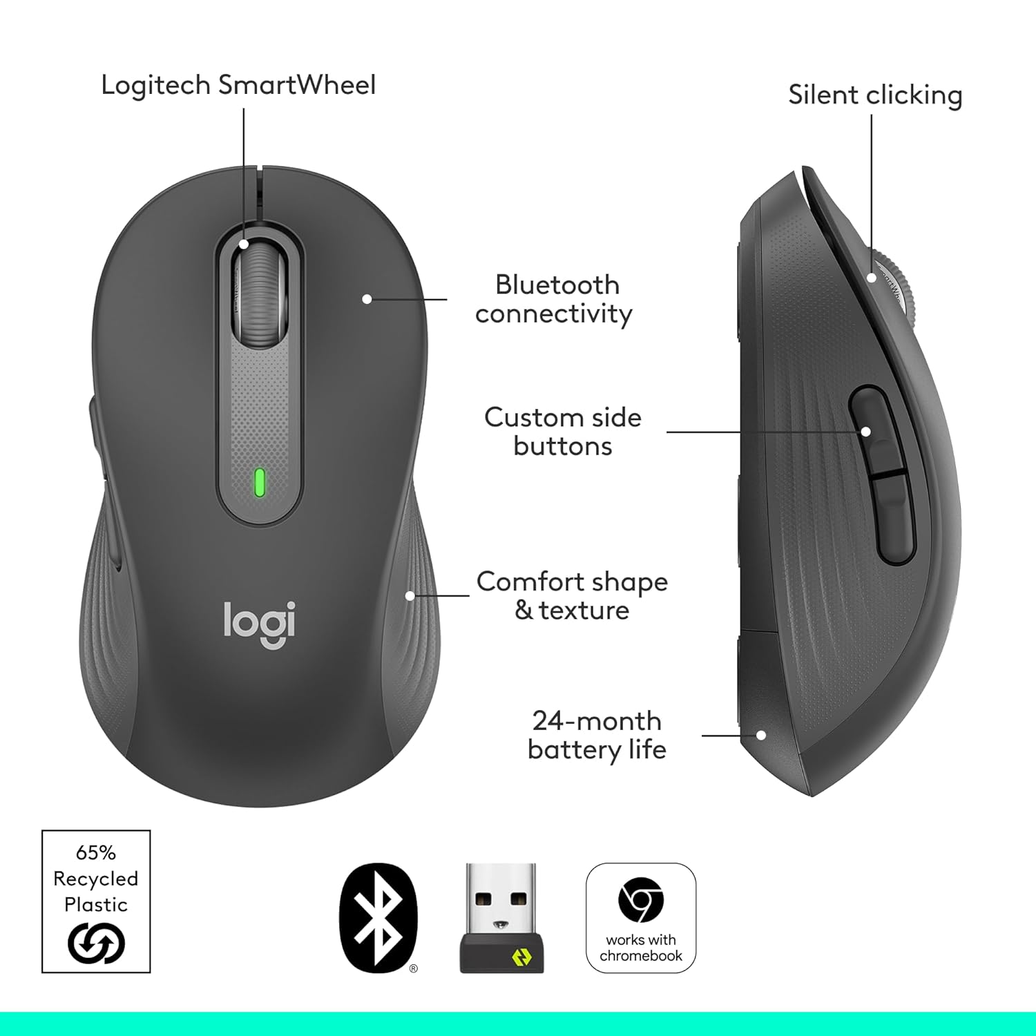 Logitech Signature M650 L Full Size Wireless Mouse - for Large Sized Hands, 2-Year Battery, Silent Clicks, Customisable Side Buttons, Bluetooth, for PC/Mac/Multi-Device/Chromebook - Graphite
