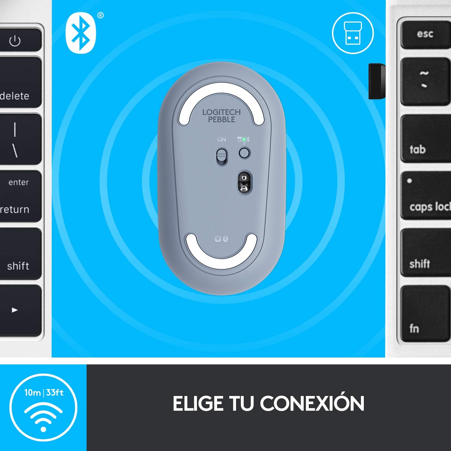 Logitech Pebble M350 Wireless Mouse with Bluetooth or USB - Silent, Slim Computer Mouse with Quiet Click for Laptop, Notebook, PC and Mac - Blue Grey