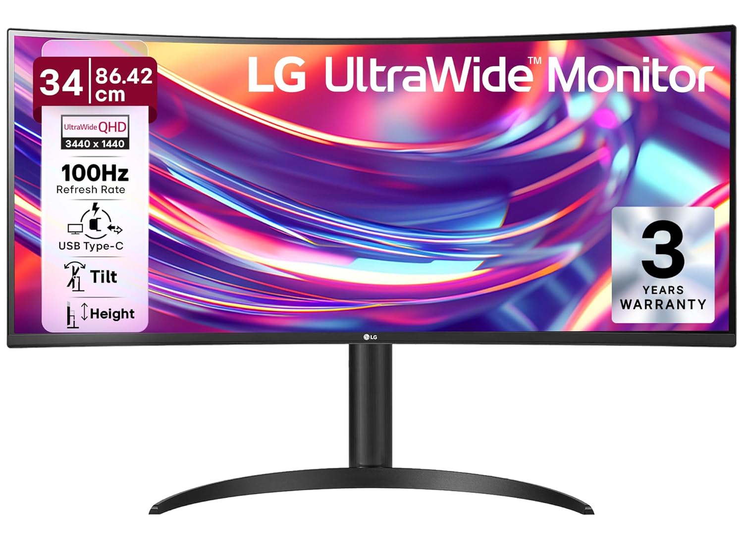 LG 34WR55QK 86.42 cm (34 Inch) 21:9 UltraWide WQHD (3440x1440) Curved Monitor(1800R), sRGB 99%(Typ.), HDR10, Anti-Glare, HDMI X 2, DP, USB-C (PD 65W), HP Out, PBP, Tilt/Height Adjustable Stand (Black)