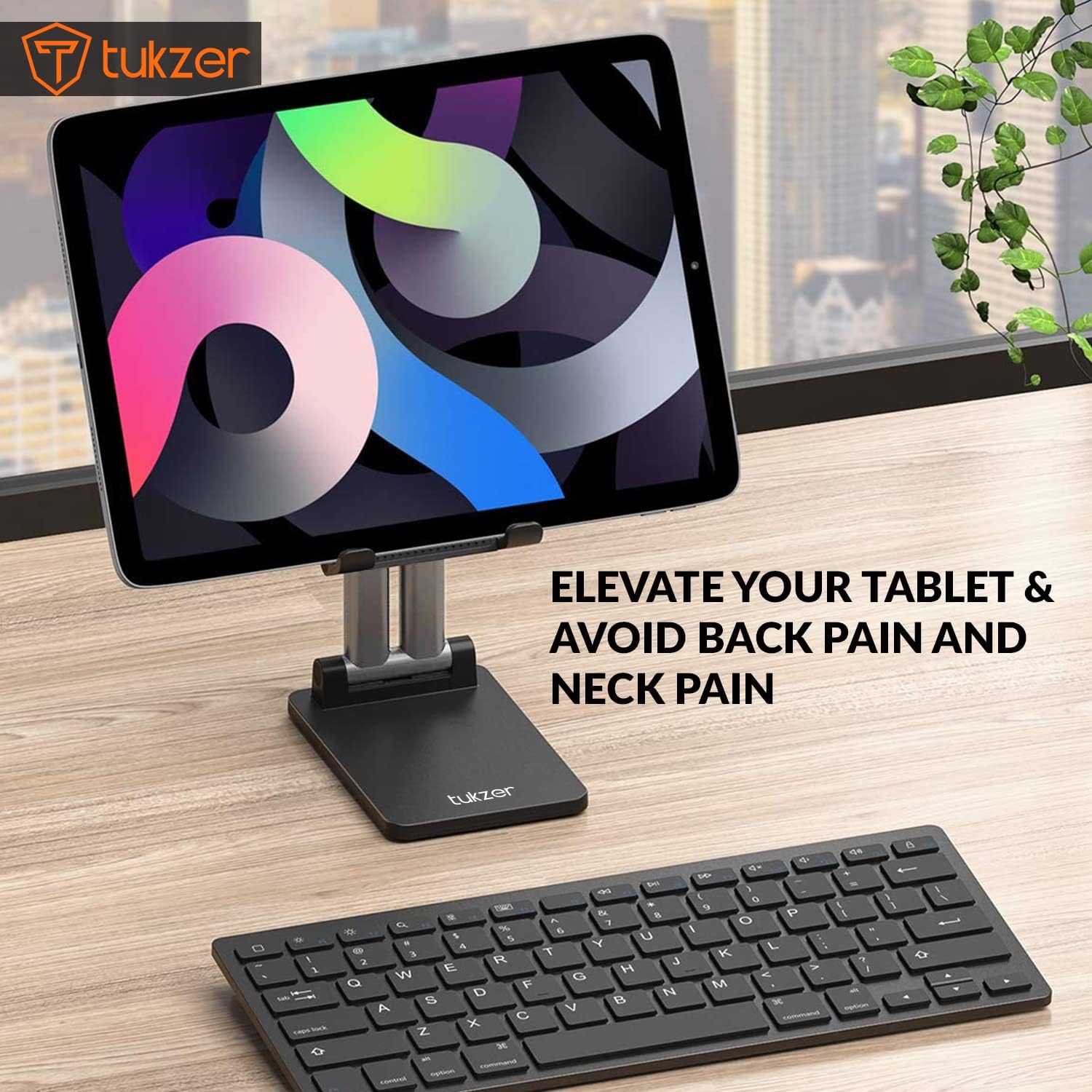 Tukzer Universal Tablet Tabletop Stand Mobile Holder| Dual Poles Heavy Base Aluminum, Foldable, Multi-Angle Height Adjustable Stand for iPad Tablets Smartphones E-Book Readers Up to 15.6 inc Jet Black