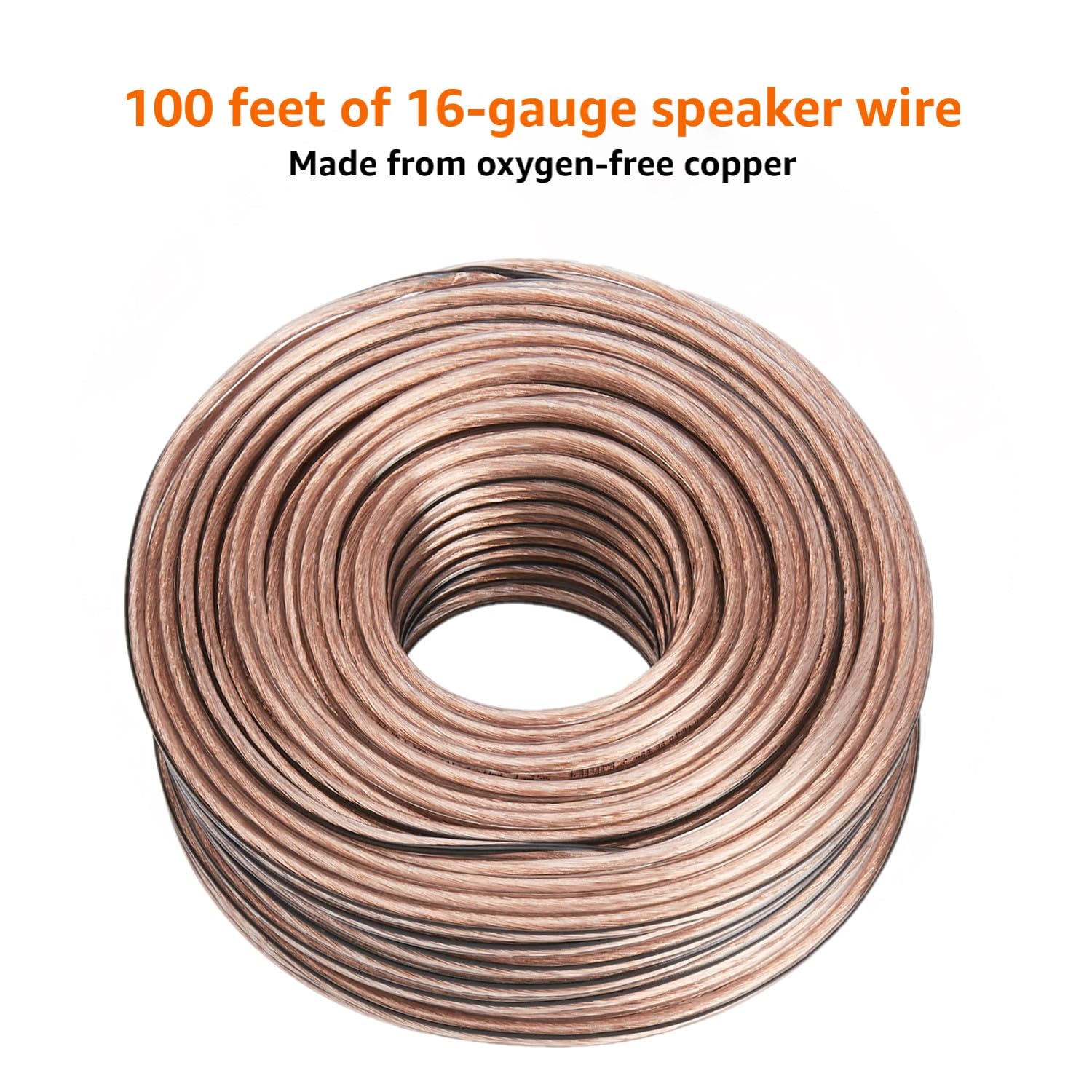 amazon basics 16-Gauge/AWG Speaker Wire, Oxygen-Free Copper, Two Conductors, Audio Speaker Cable for Car, Stereo, Subwoofer, Home Theatre, Hi-Fi Surround Sound (100 Feet, Copper, Transparent)