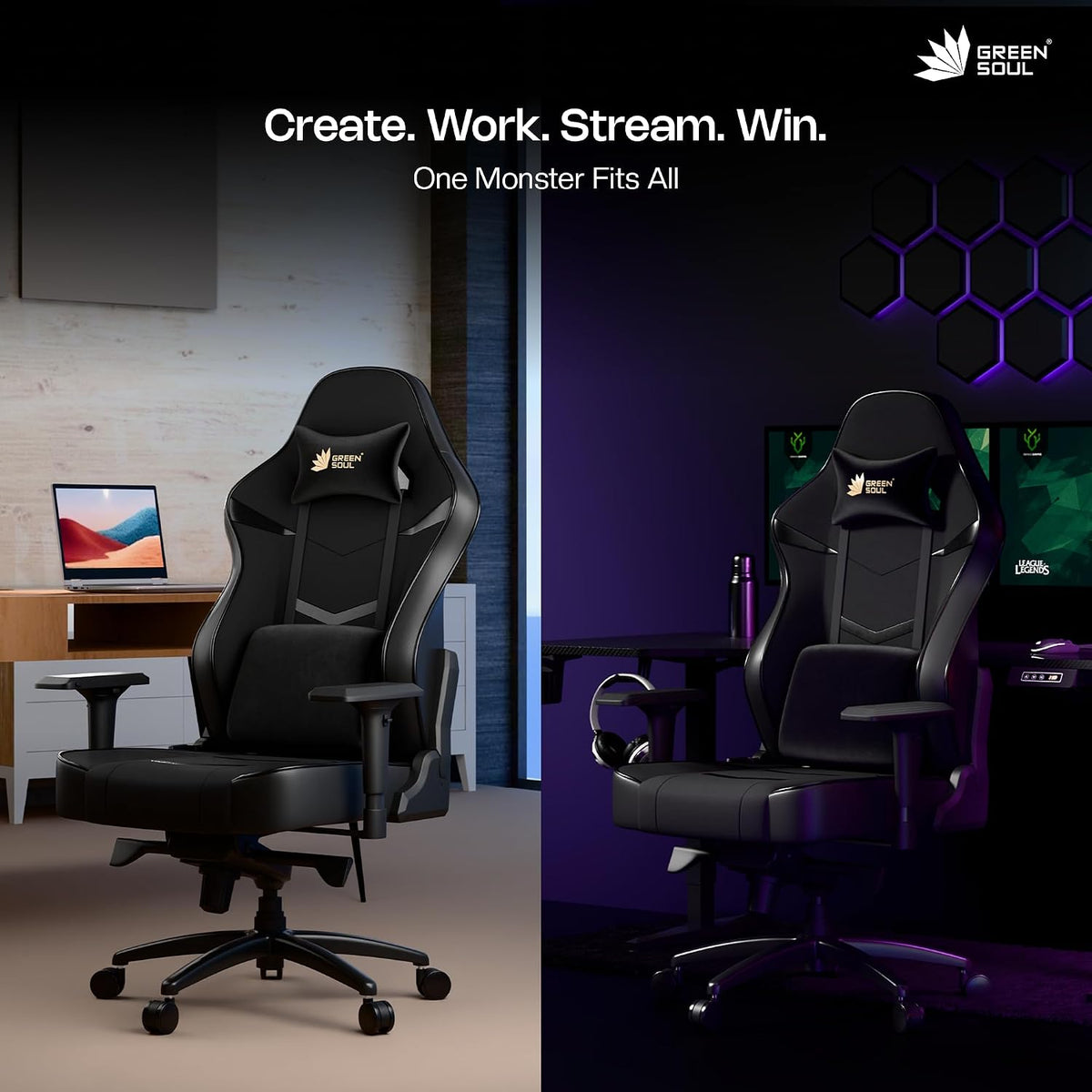 Green Soul Monster Ultimate Series T | Multi-Functional Ergonomic Gaming & Office Chair| Premium Spandex & PU Leather Fabric | Adjustable Neck, Lumbar Pillow | 4D Adjustable Armrests (Full Black)