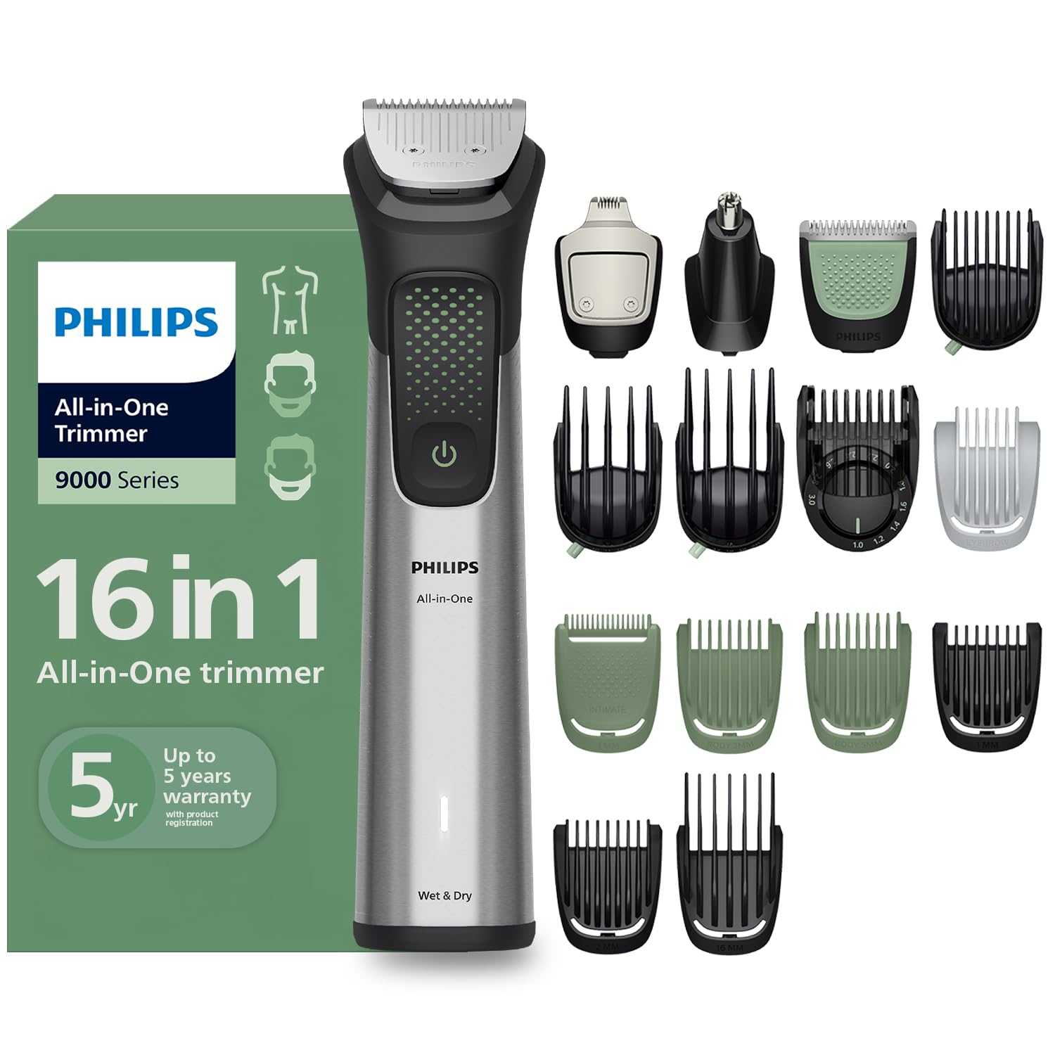 Philips India's No.1 Men's Trimmer* | Luxurious Stainless Steel Design | BeardSense Technology | All-in-One Grooming Kit- Beard, Hair, Body, Intimate | 120min runtime | IPX7 | 5yr warranty* | MG9532