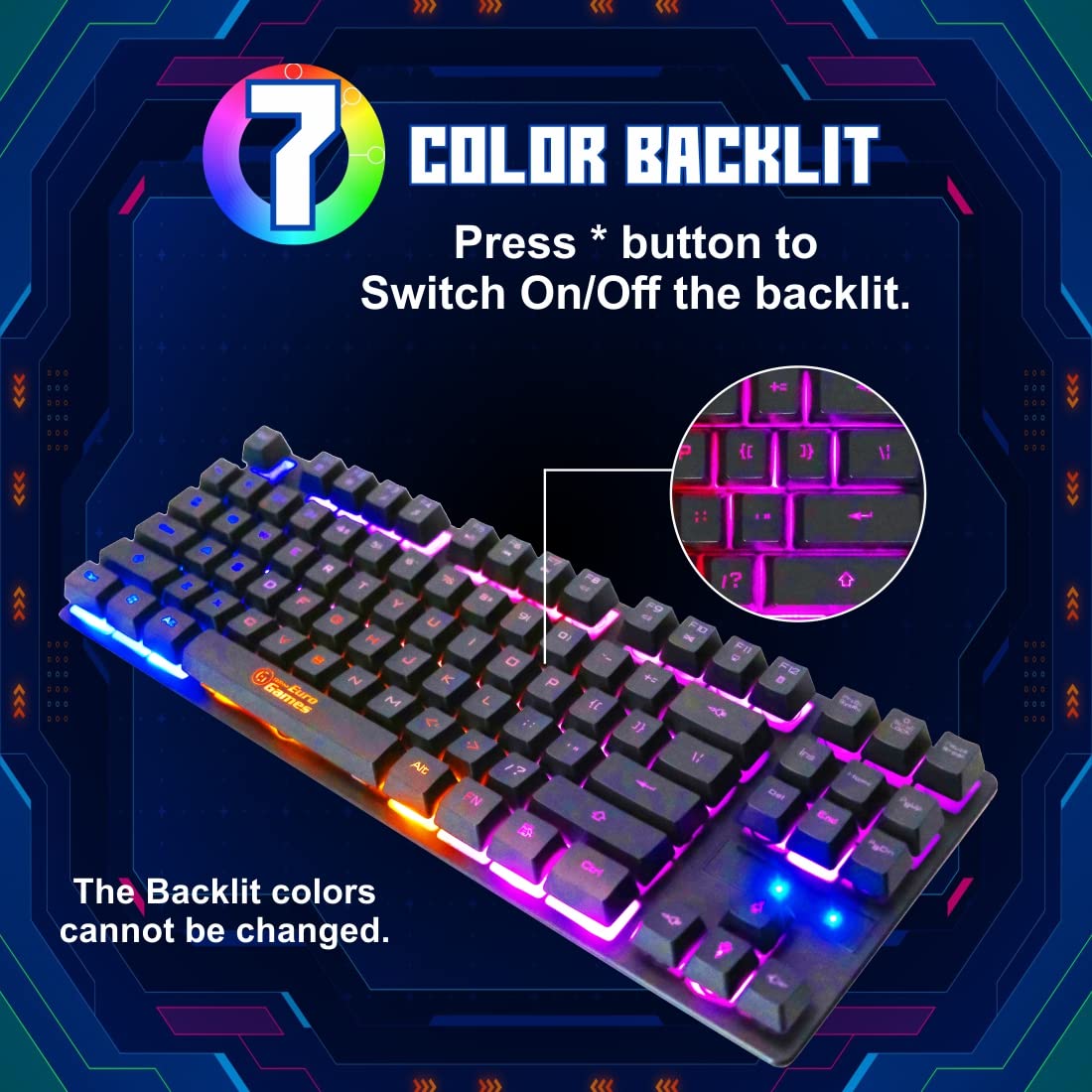 RPM Euro Games Gaming Keyboard Wired | 87 Keys Space Saving Design | Membrane Keyboard with Mechanical Feel | LED Backlit & Spill Proof Design