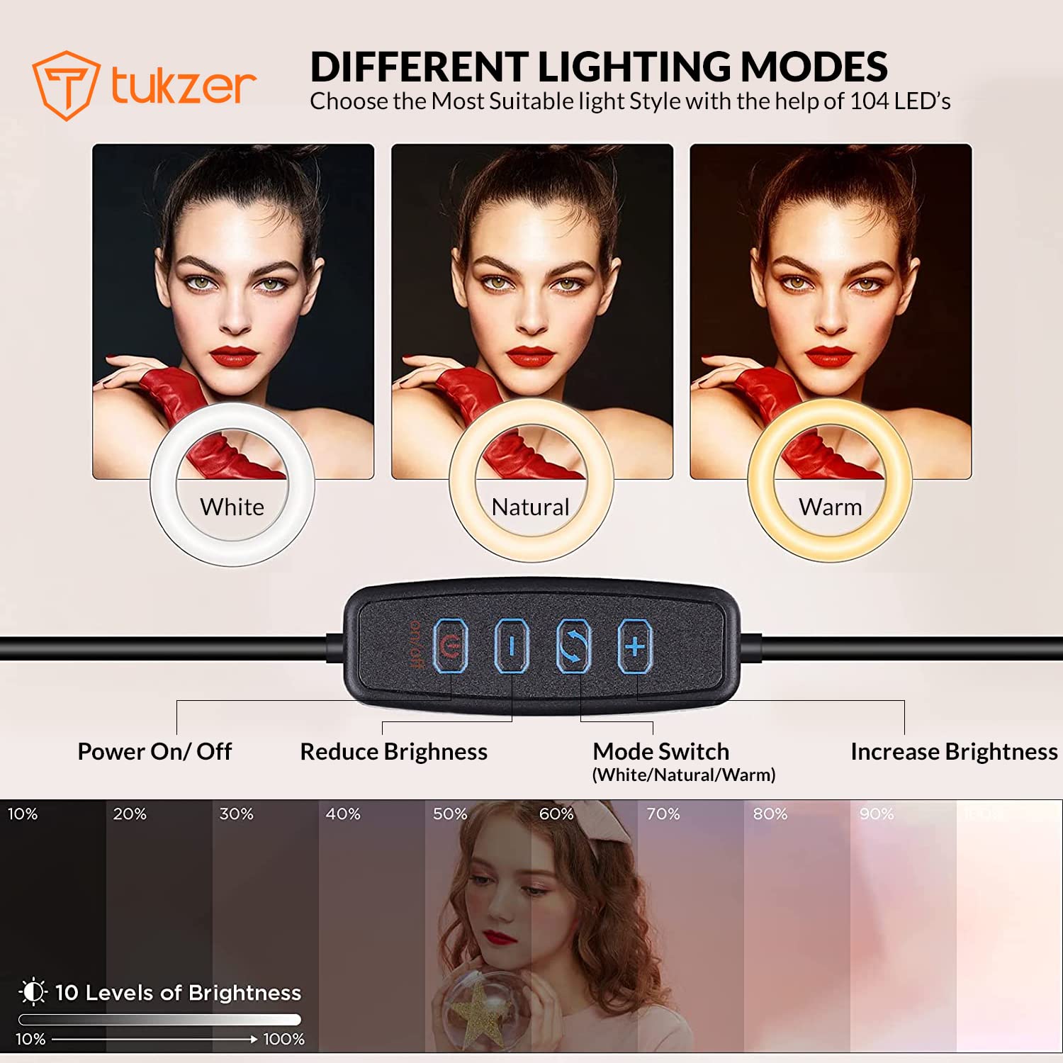 Tukzer 8-Inch LED USB Selfie Ring Light with Clamp Mount, 3 Light Modes & 10 Level Brightness, for Laptop/PC/Monitor/Desk/Bed/Office/Video Conferencing/Live Streaming/Makeup/Webcam/Classes