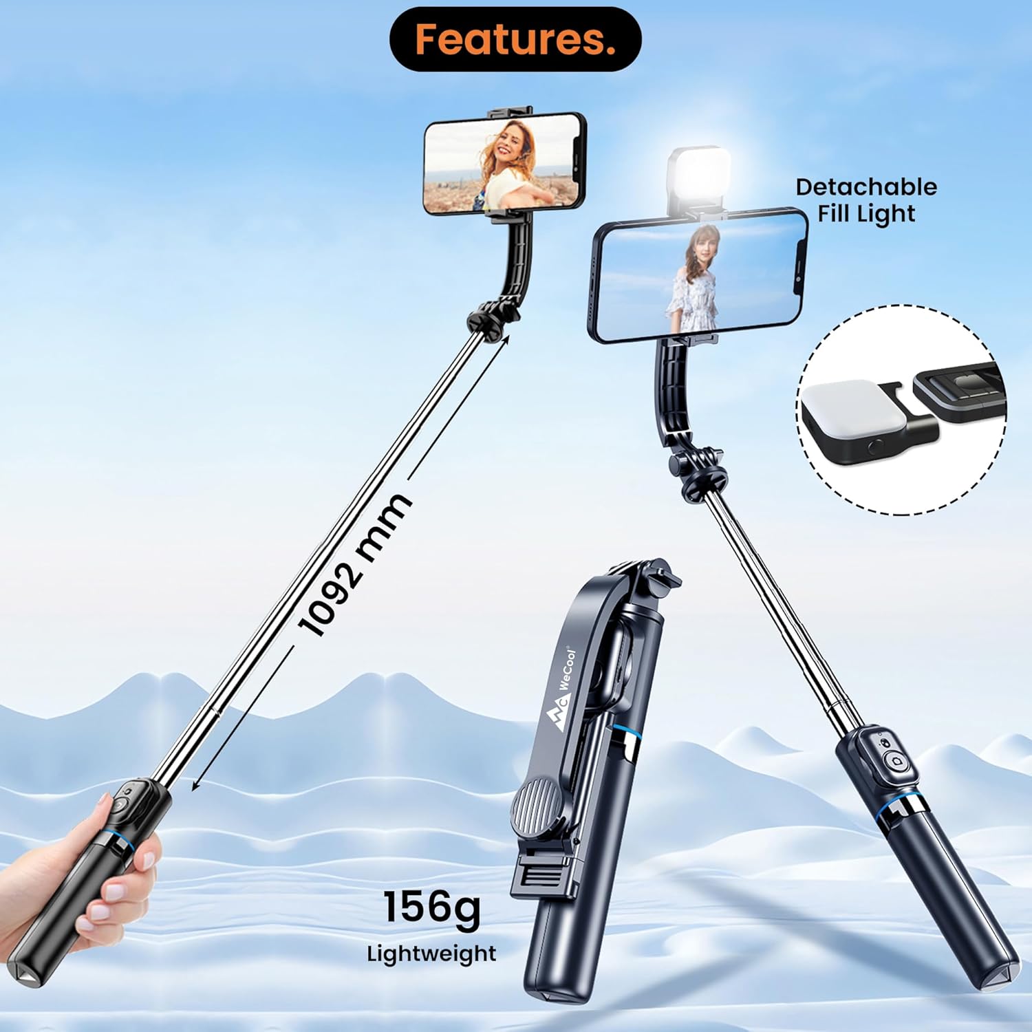 WeCool S4 Selfie Stick with Light in 6 Shades, 3 Colours & 2 Tones with Detachable Mobile Holder, Selfie Stick Extendable Upto 43 inc / 110cm, Tripod Stand...