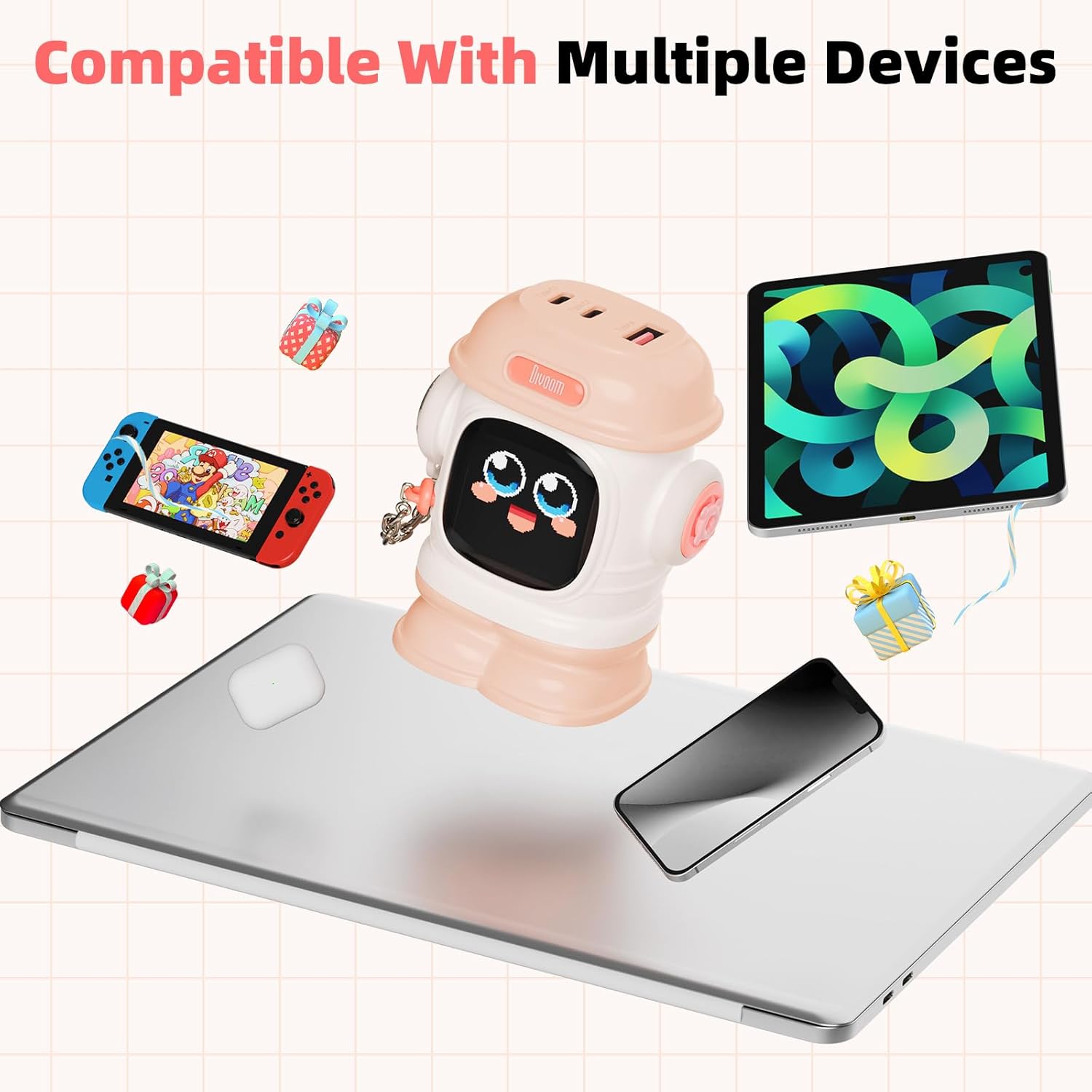 Divoom Dipow 65W USB-C Charger 3-Port Fast GaN Charger with DIY Pixel Display Foldable Compact Wall Block Power Adapter for iPhone 16/15 MacBook iPad Galaxy S23/S24 Switch (with 100w Cable) (Pink)