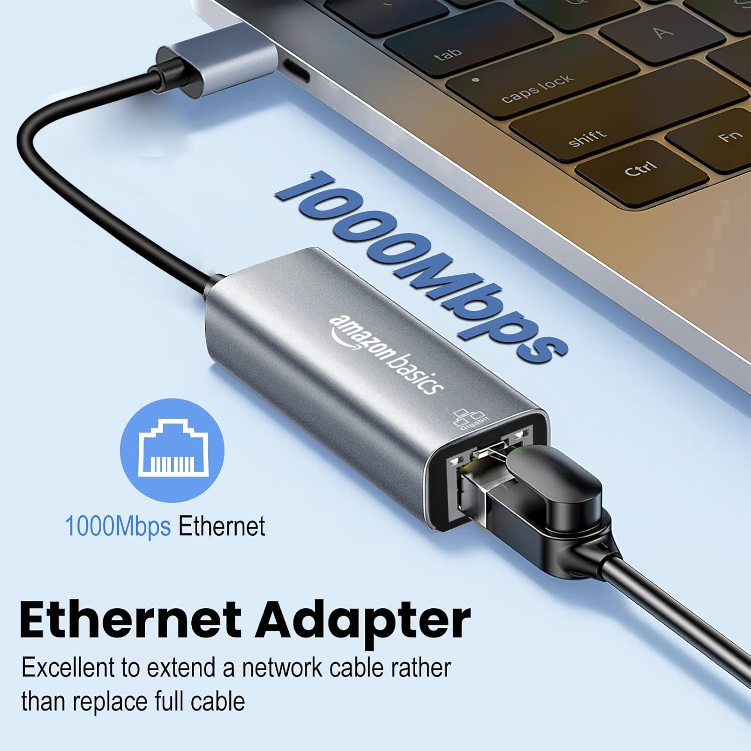 Amazon Basics USB-C to Ethernet Adapter - Gigabit Ethernet 100/1000Mbps, USB 3.0, Plug & Play, Compatible with MacBook Pro, Dell XPS, iPad Pro, Surface, Windows, macOS, Linux