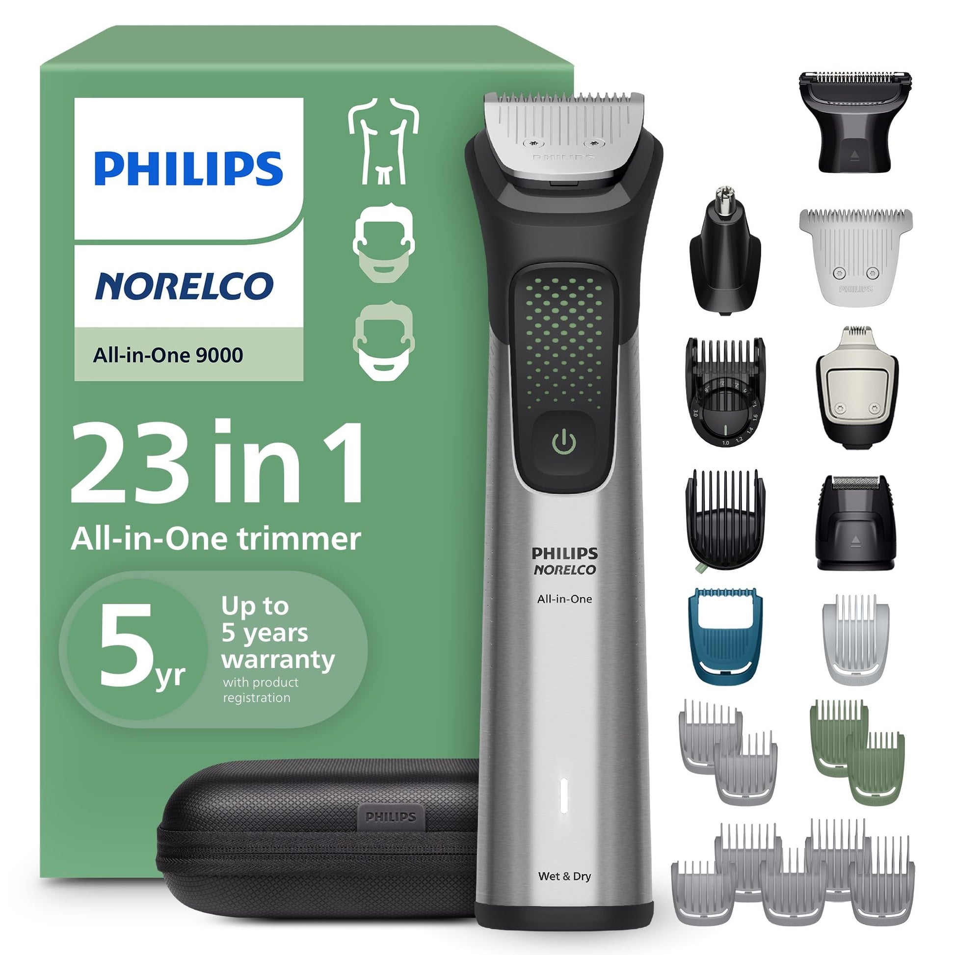 Norelco Philips Multigroom 9000 Series, All-in-One Trimmer, Beard Trimmer and Hair Clipper, 23-Piece Men's Grooming Kit for Beard, Body, Face, Nose, Ear and Intimate Areas, MG9520/50