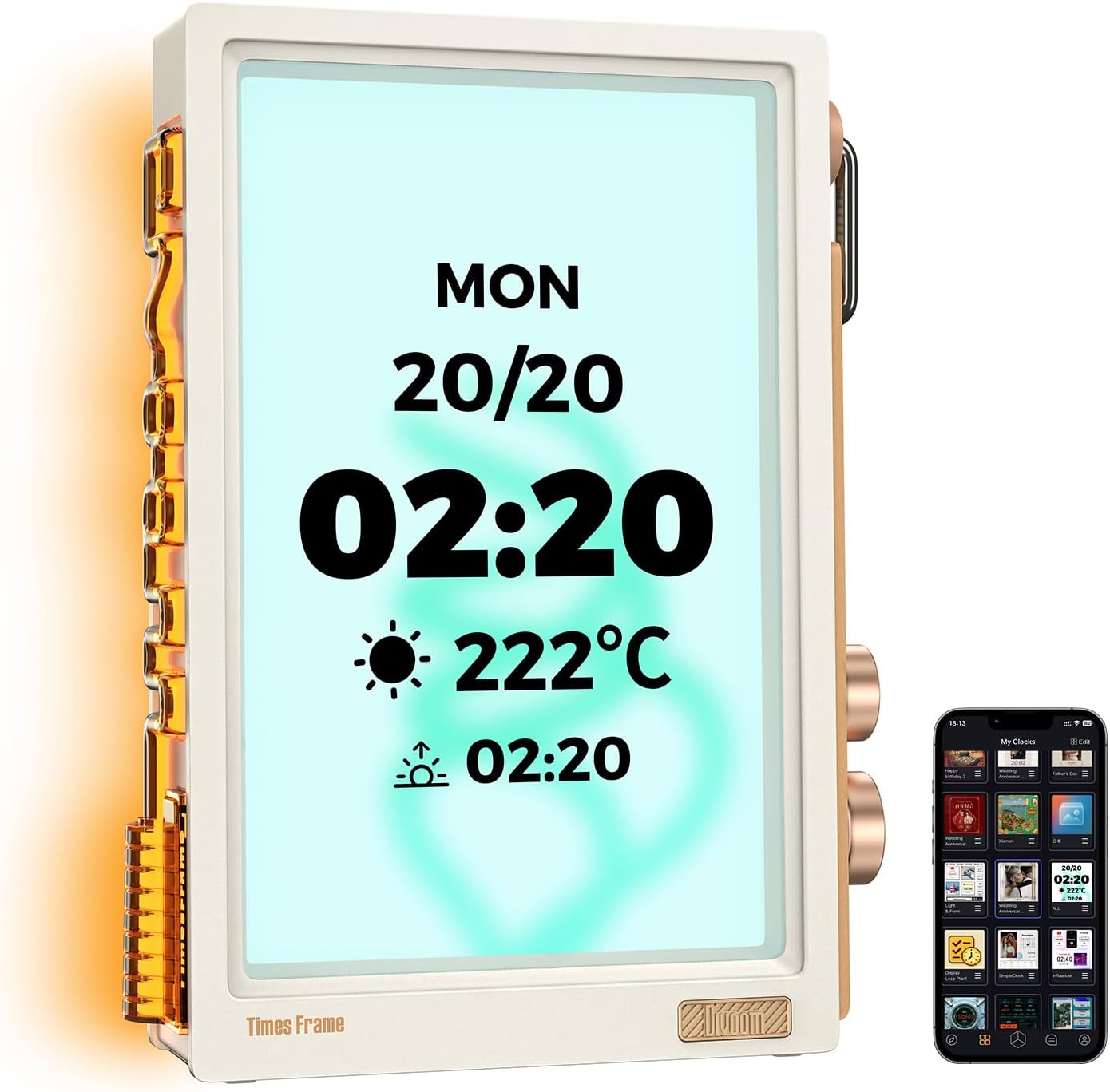 Divoom Times Frame-10.1" Digital Picture Frame Transparent IPS with RGBLED Rotary Knob WiFi 64GB 400+Clock Faces Widget 50+API Feeds Gift Mode Pixel Art Community Personalized Data Display (White)