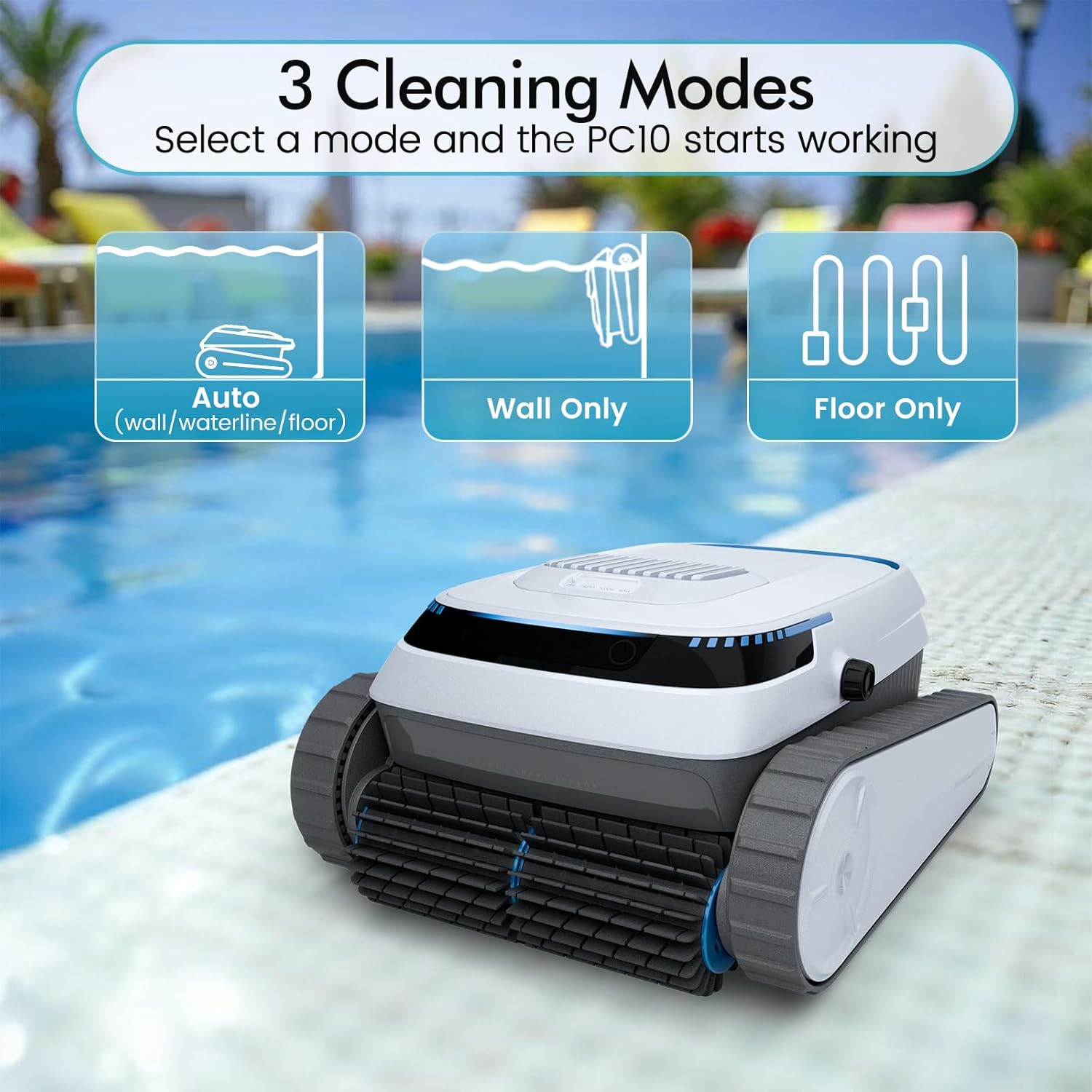 Robotic Pool Vacuum PC10, Cordless Pool Cleaner Robot for Inground & Above Ground Pools, Smart Navigation, 5000GPH Suction Power for Cleaning Floor, Wall & Waterline, Self-Parking, White