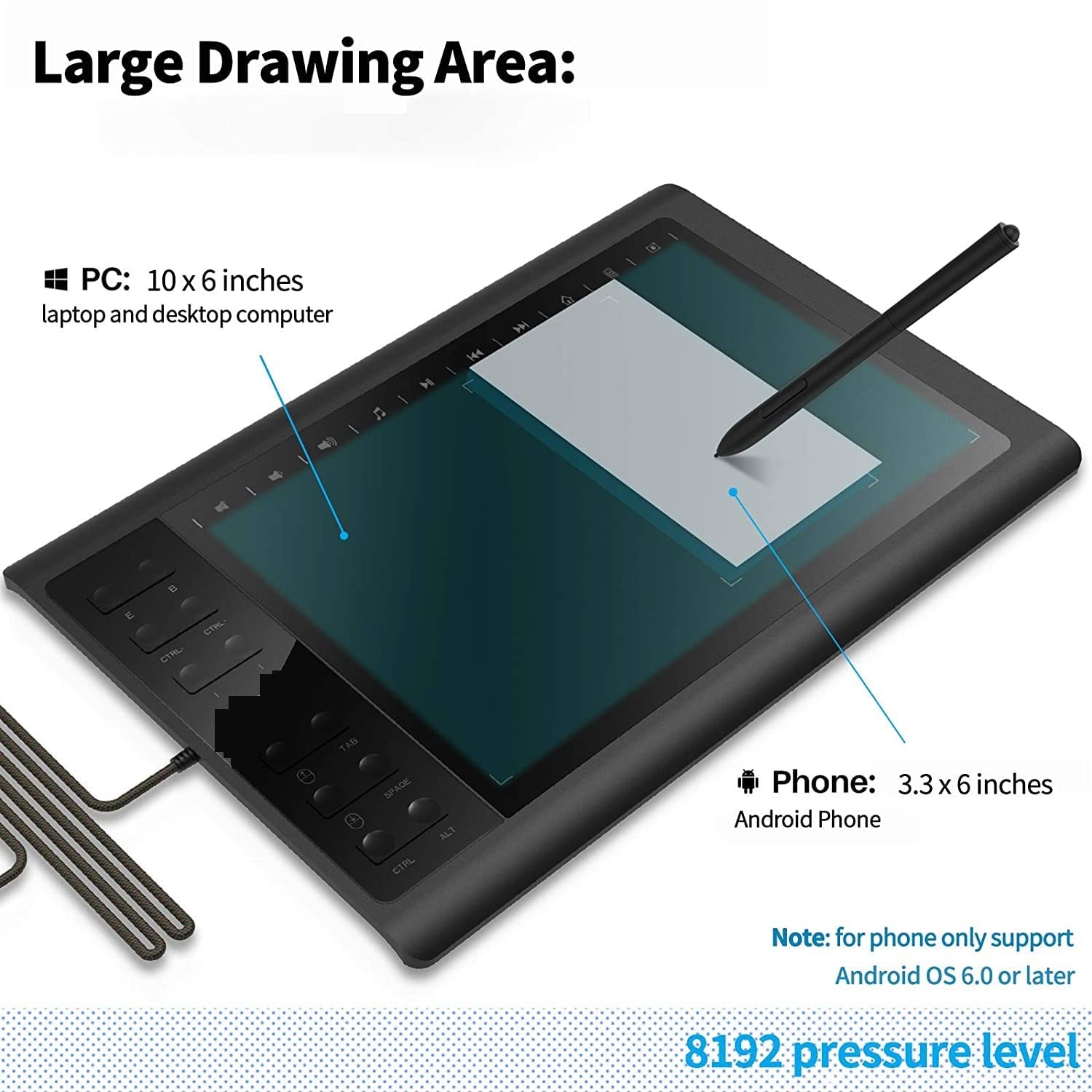RTSY 1060 Plus Digital Graphics Tablet (10" x 6.2" Area, 12 Shortcut Keys, 8192 Pressure, Battery Free Pen) Graphic Drawing Pen Tablets Compatible for Windows & Android only - Black
