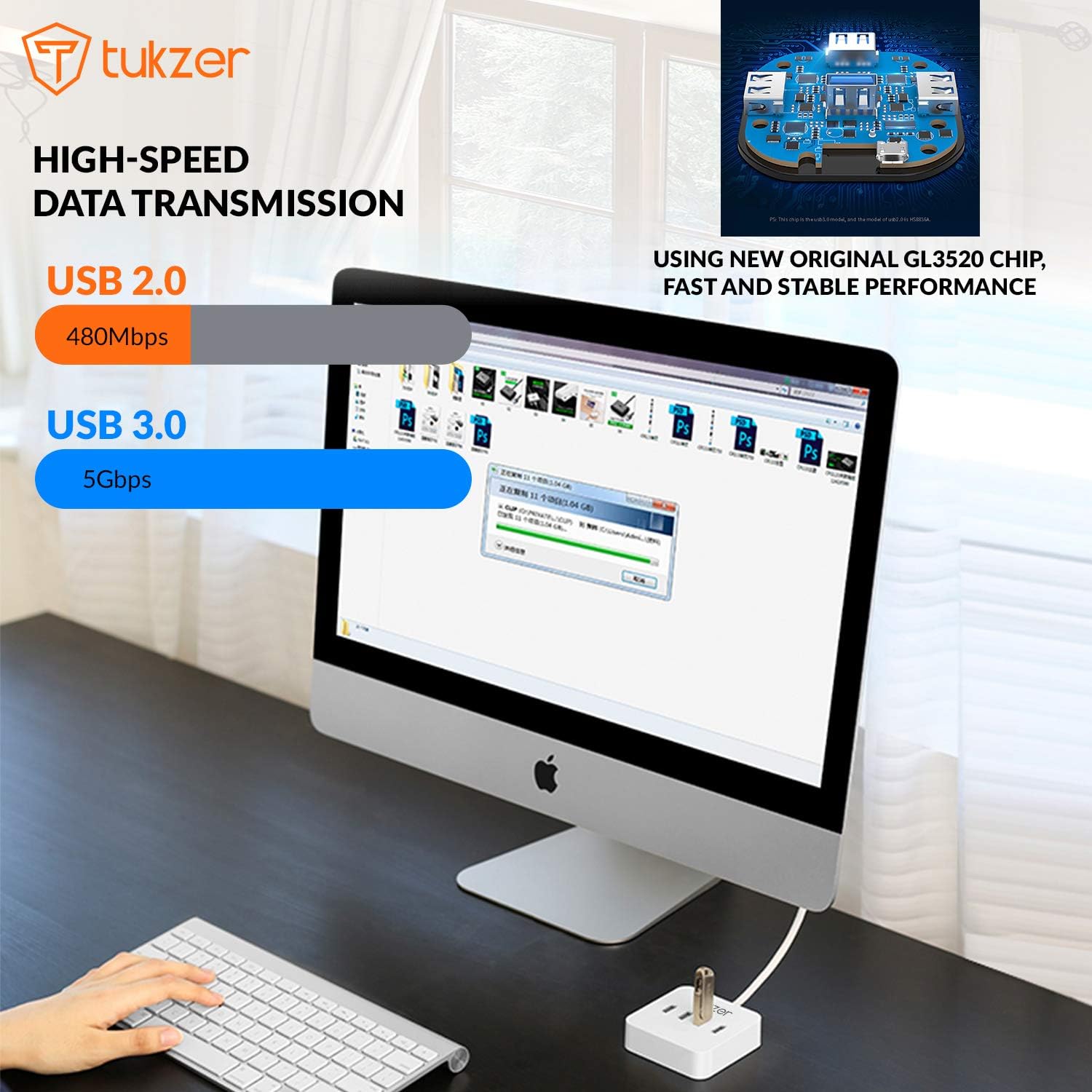 Tukzer 4-Port USB Hub 3.0 (TZ-U12) Superspeed Data Hub High Speed Compatible for MacBook Air, Mac Mini, iMac Pro, Microsoft Surface, Ultrabooks, Laptop, Notebook, Desktop (1.5M Cable, White)