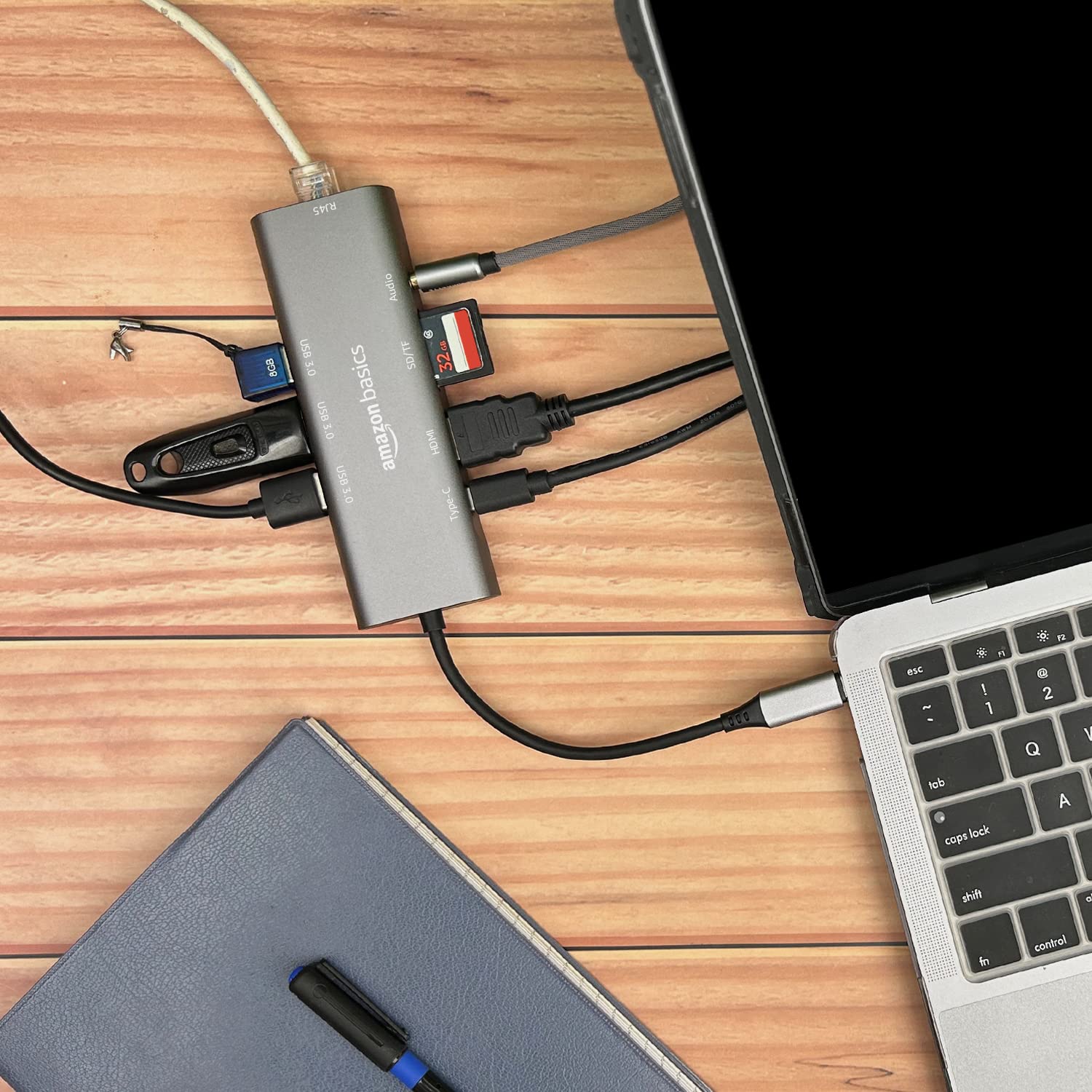 Amazon Basics USB-C Hub Dock 9-in-1 Aluminium Type-C Adapter with 4K HDMI, Ethernet 1000mbps Port, 3 USB 3.0, USB-C Power Delivery, 3.5mm Audio only, TF/SD Card Reader, Mac & Windows USB-C Devices