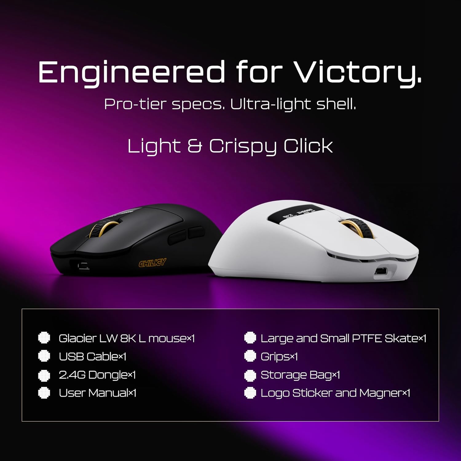 OOCTPK Wireless Mouse, Chilkey Glacier LW 8K L Gaming Mouse with LCD Screen, 8K Polling Rate, 30000 DPI Optical Tracking, 750 IPS, Bluetooth/2.4GHz/USB-C, 47g Ultra-Lightweight, 100 Million Clicks
