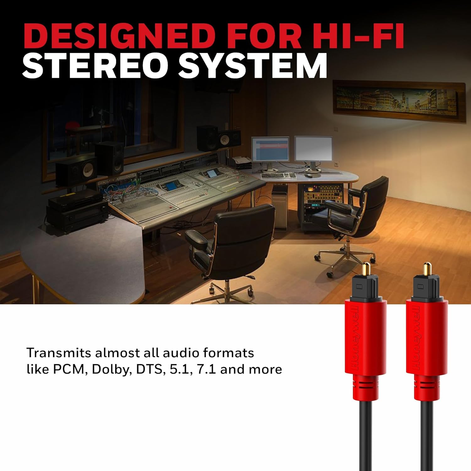 Honeywell Digital Optical Audio Toslink Cable 2 meter, 24K Gold Plated Connectors, PVC Jacketed Copper Wire, Compatible with Home Theatres (7.1), Xbox, PS5, soundbars,Blu-ray players & Gaming Consoles