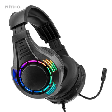 NiTHO SPECTRA STEREO GAMING Wired On Ear Headphones with Noise Canceling Mic & RGB LED Light, Compatible with PC/PS4/PS5/Xbox One/XBOX series X S/Switch/Phones (PC adaptor included) (Black)