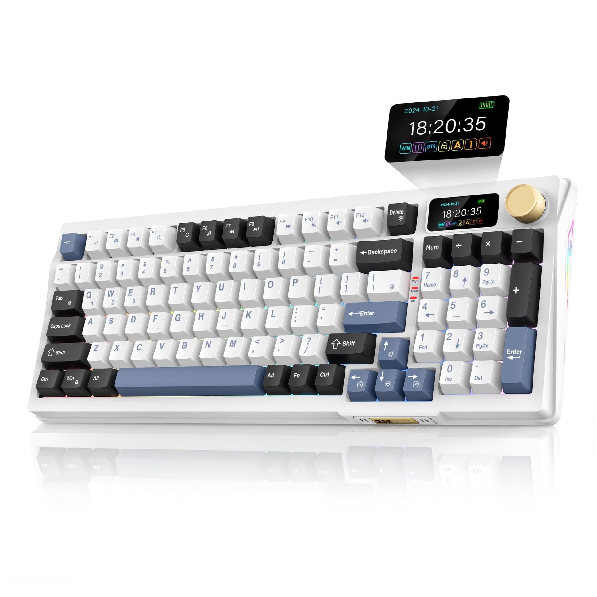 RedThunder K95 Wireless Mechanical Keyboard, TFT Screen & Knob, Tri-Mode BT5.0/2.4GHz/USB-C Hot Swappable Custom, Pre-lubed Linear Pink Switches, Gasket Structure, RGB Gaming Keyboard, Black-Gold