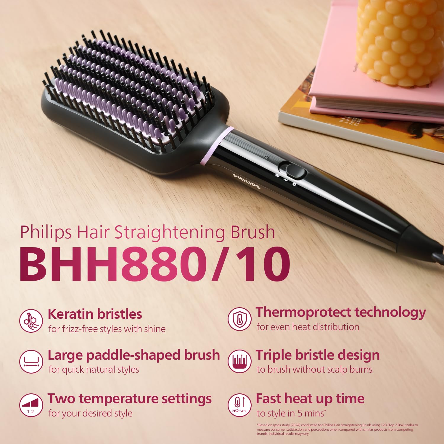 Philips India's No.1 Hair Styling Brand -Hair Straightener Brush, Naturally Straight in 5 Mins,5X Less Frizz,SilkProtect Keratin Tech,Triple Bristle Fast 50s Heatup,Scalp Protect,For Indian Hair,BHH880