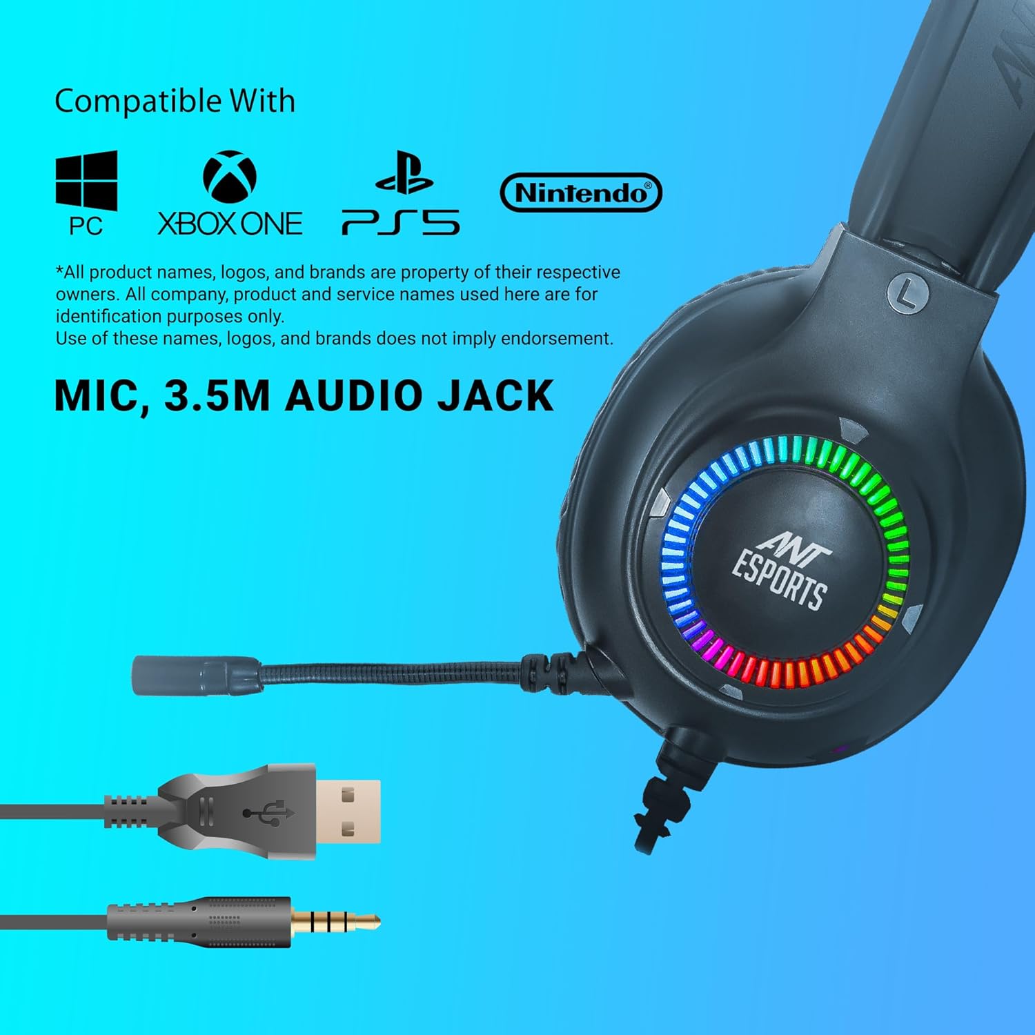 Ant Esports H580 Gaming Headset with Microphone for PS4 PC Xbox one PS5 Switch Laptop, Over Ear Headphones Wired with Noise Cancelling Mic, 3.5m Audio Jack, 50mm Stereo Drivers, Led Light – Black