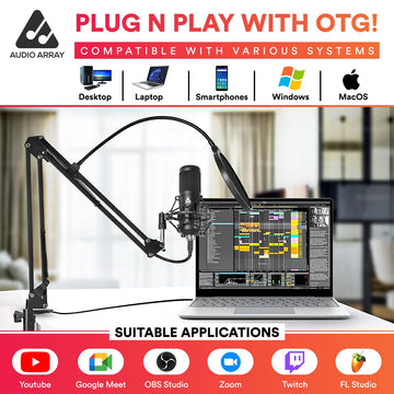 Audio Array AM-C1 USB Condenser Microphone Kit | 192kHz/24bit | BoomArm, Pop Filter, Mic Cover, Shock Mount, Tripod & 2.5M USB Cable | Podcasting, Gaming, Singing & Live Streaming