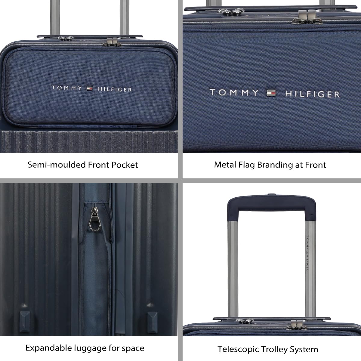Tommy Hilfiger Pittsburg Unisex Hard Luggage - Navy 80CM Large Suitcase | Polycarbonate | Dual TSA Concealed Lock | 104 LTR Capacity | 2 Compartment | Water Resistant | 15 Inch Laptop Sleeve