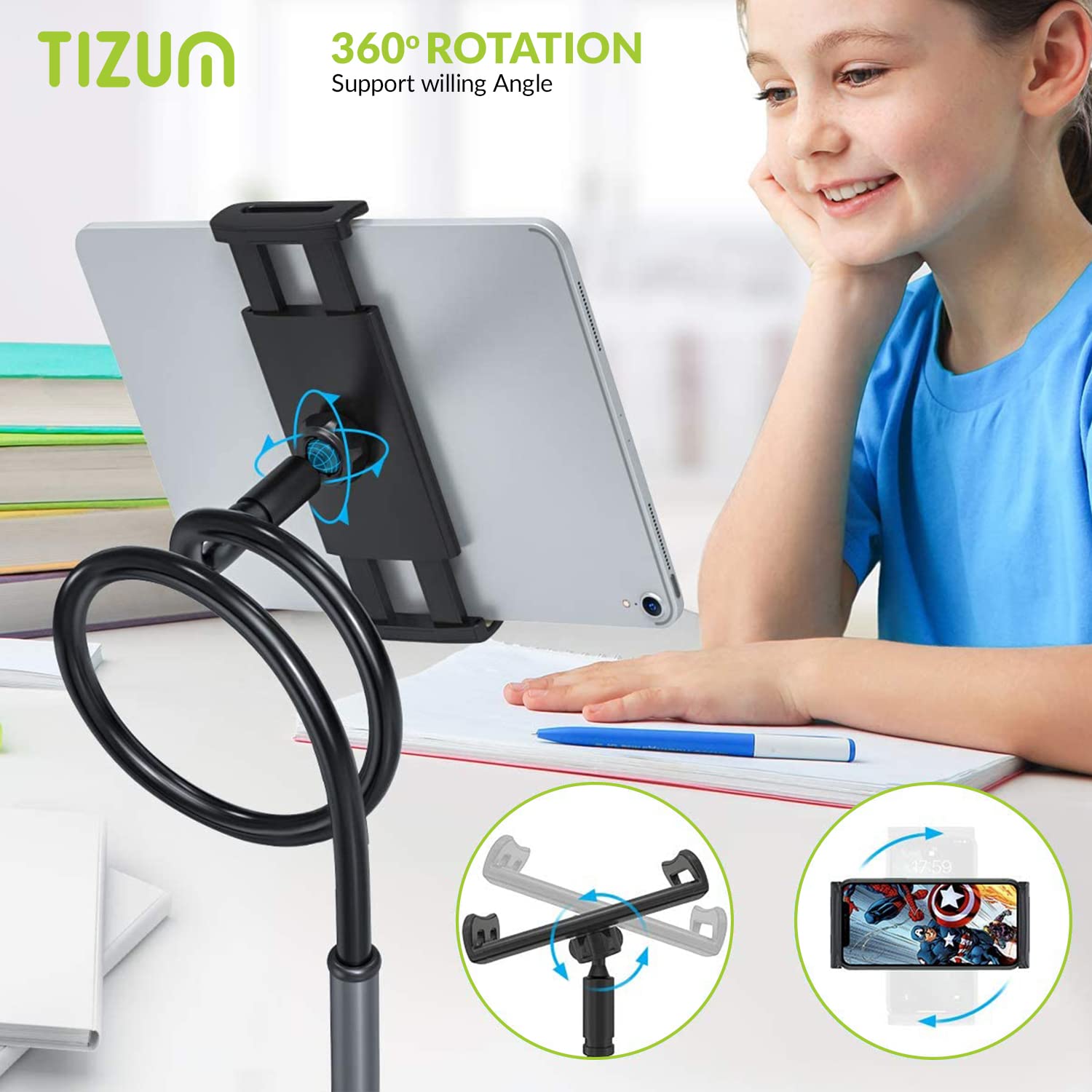 Tizum Mobile & Tablet Holder with 360 Rotation, Mobile Stand with Anti-Slip Silicone Pads & Fully Flexible Gooseneck Arm & for Bed, Table, Bathroom for All Tablet/Smartphones 4 to 10.4 Inches, Black