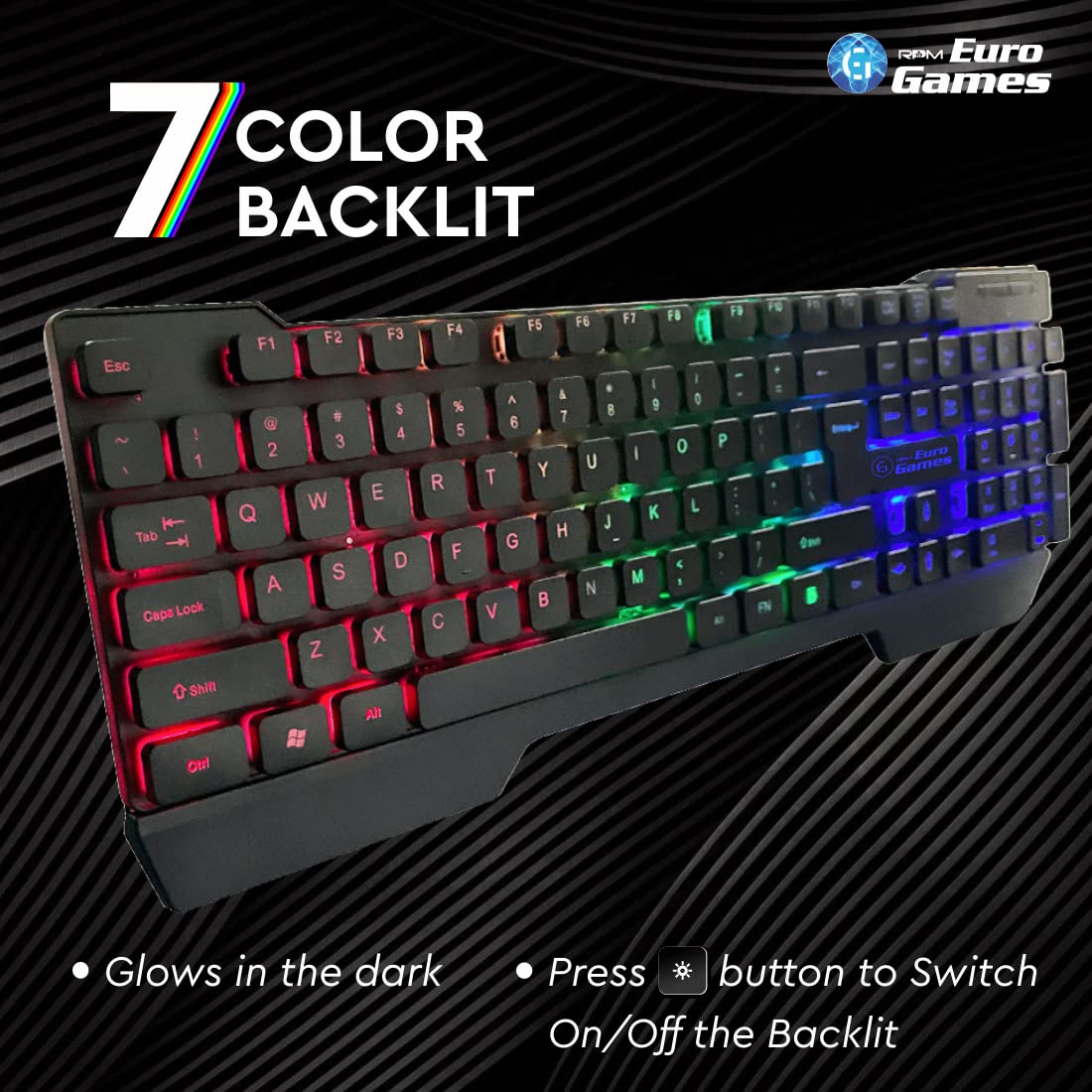 RPM Euro Games Gaming Backlit RGB Keyboard with Wrist Support Semi-Mechanical and USB (Black)