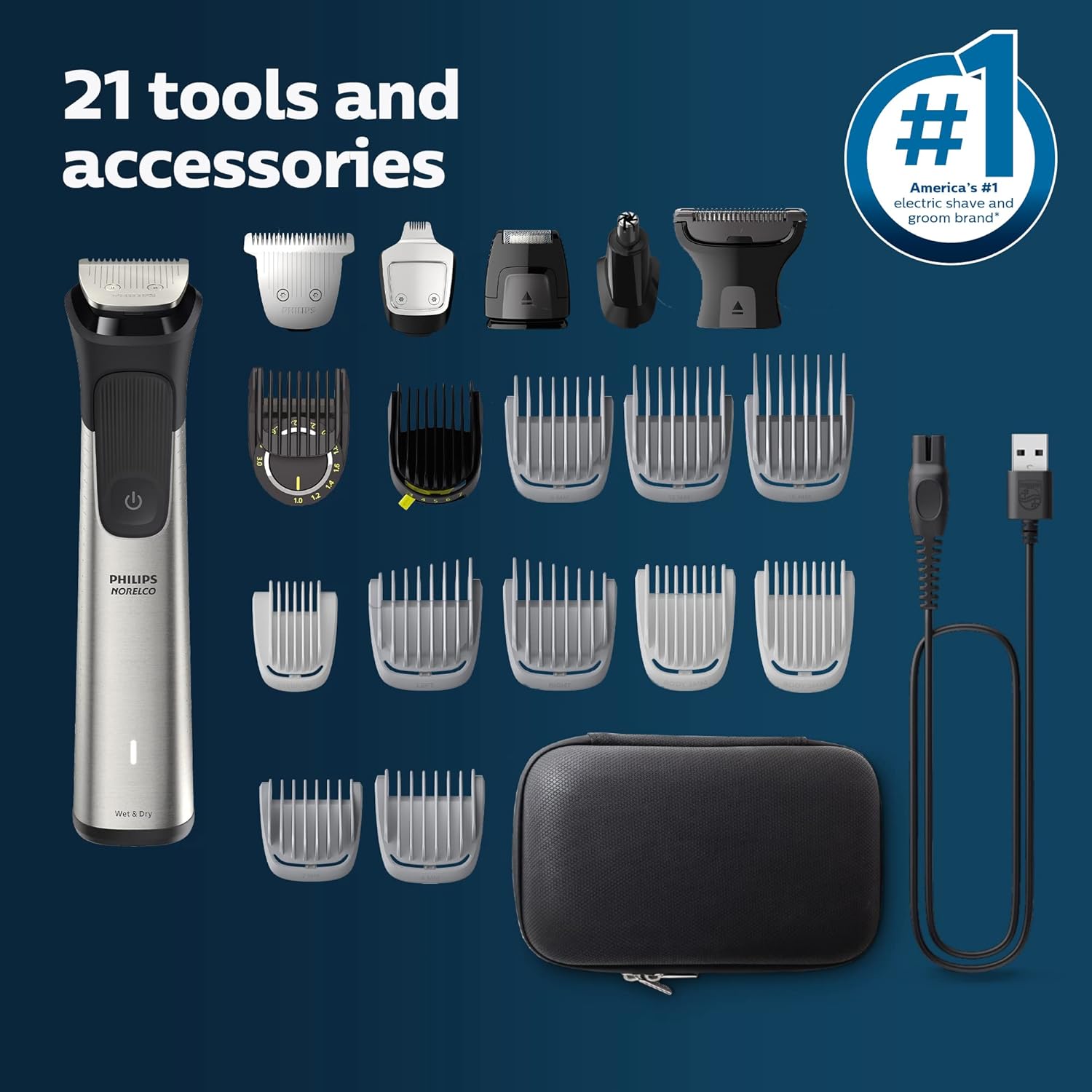 Philips Norelco Multigroom Series 9000-21 Piece Men's Grooming Kit for Beard, Body, face, Nose, Ear Hair Trimmer w/Premium Storage case, MG9510/60