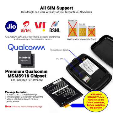 Tukzer 4G LTE Wireless Dongle with All SIM Network Support | Plug & Play Data Card Stick with up to 150Mbps WiFi Hotspot | 2100mAh Rechargeable Battery| SIM Adapter Included, Single_Band (Black)