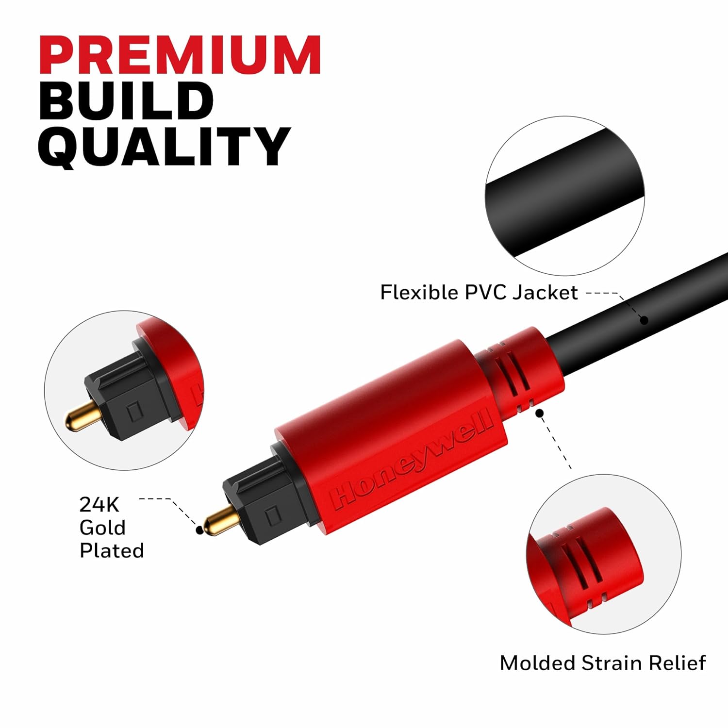 Honeywell Digital Optical Audio Toslink Cable 2 meter, 24K Gold Plated Connectors, PVC Jacketed Copper Wire, Compatible with Home Theatres (7.1), Xbox, PS5, soundbars,Blu-ray players & Gaming Consoles
