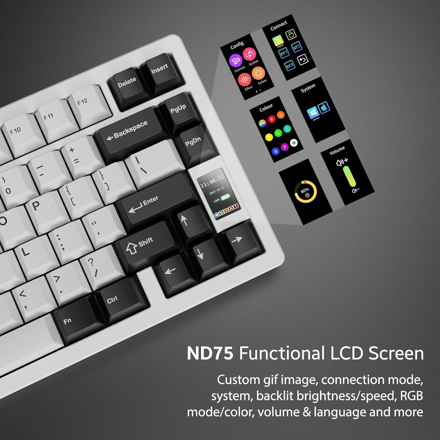 OOCTPK Chilkey ND75 Aluminum 75% Wireless Mechanical Gaming Keyboard with LCD Screen, Quick Assembly, BT/2.4G/USB-C, Hot Swappable Per-Key RGB Custom Keyboard for Windows, MacOS