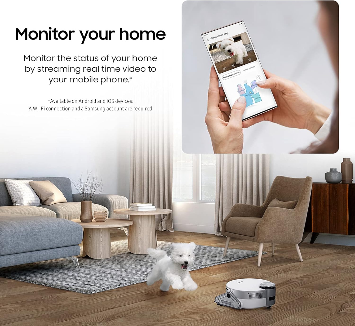 SAMSUNG Jet Bot AI+ Robot Vacuum Cleaner w/ Object Recognition, Intelligent Cleaning, Clean Station, 5-Layer Filter, Touchless Dust Removal for Hardwood Floors, Carpets, VR50T95735W, White