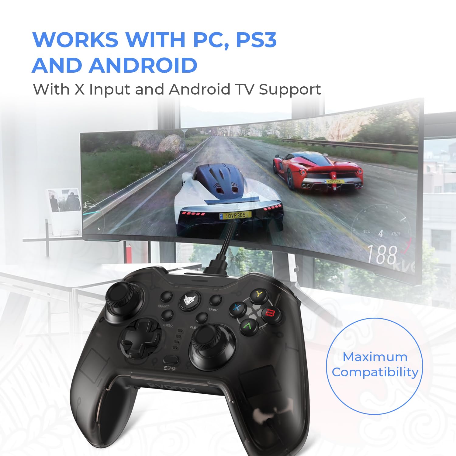 EvoFox Elite X Wired Gaming Controller for PC with 2 Programmable Macro Back Buttons, Adjustable Dual Vibration Motors,Turbo Mode,Analog Triggers, High Precision joysticks,Low Latency Plug and Play,Translucent Shell Controller for pc