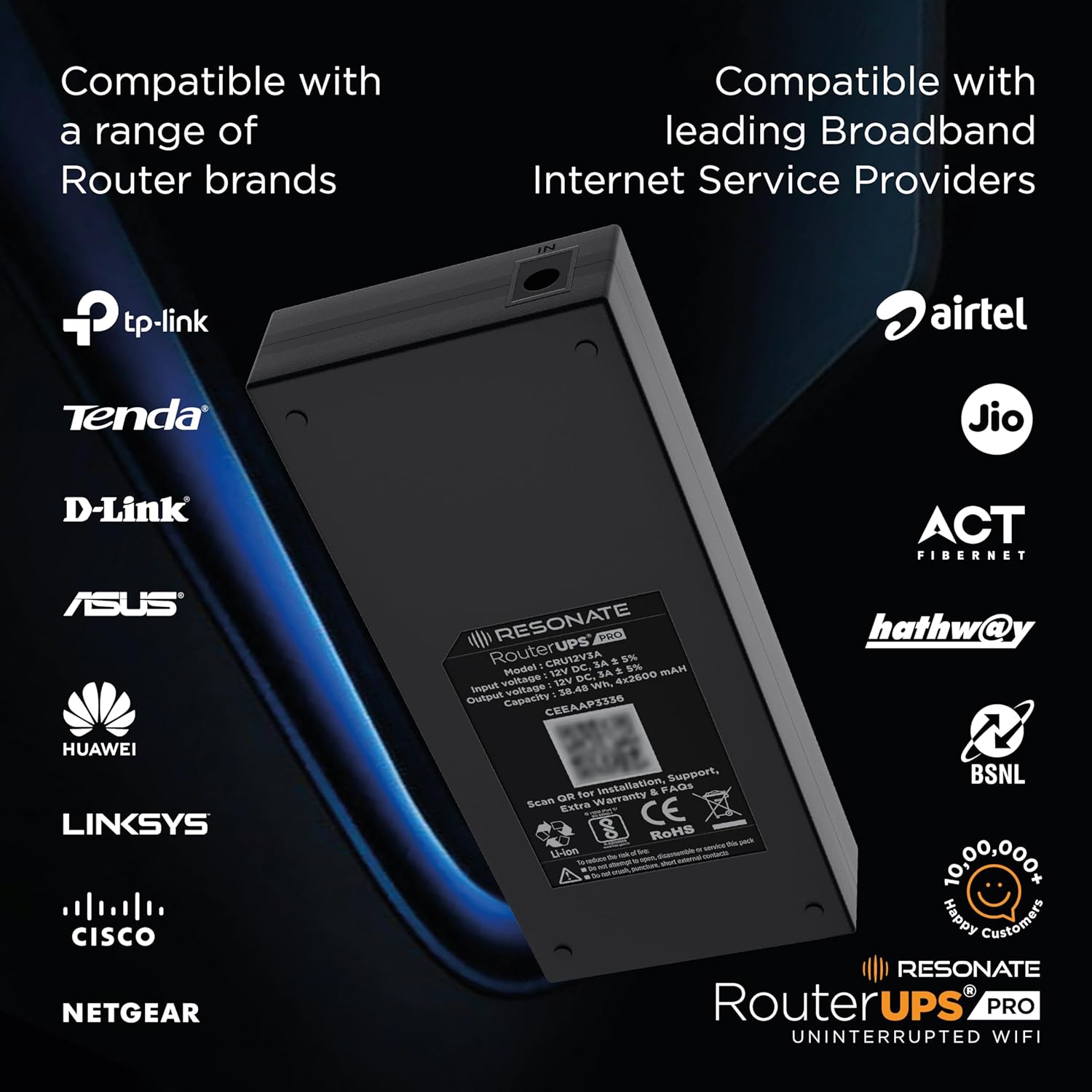 Resonate RouterUPS® Pro (100% Extra Backup) | 10400mAh Mini UPS Power Backup for 12V WiFi Router & Modem (Supports upto 3A) | Upto 8 Hrs with Multi-LED Indicator | Jio Fiber, Airtel Xstream Compatible