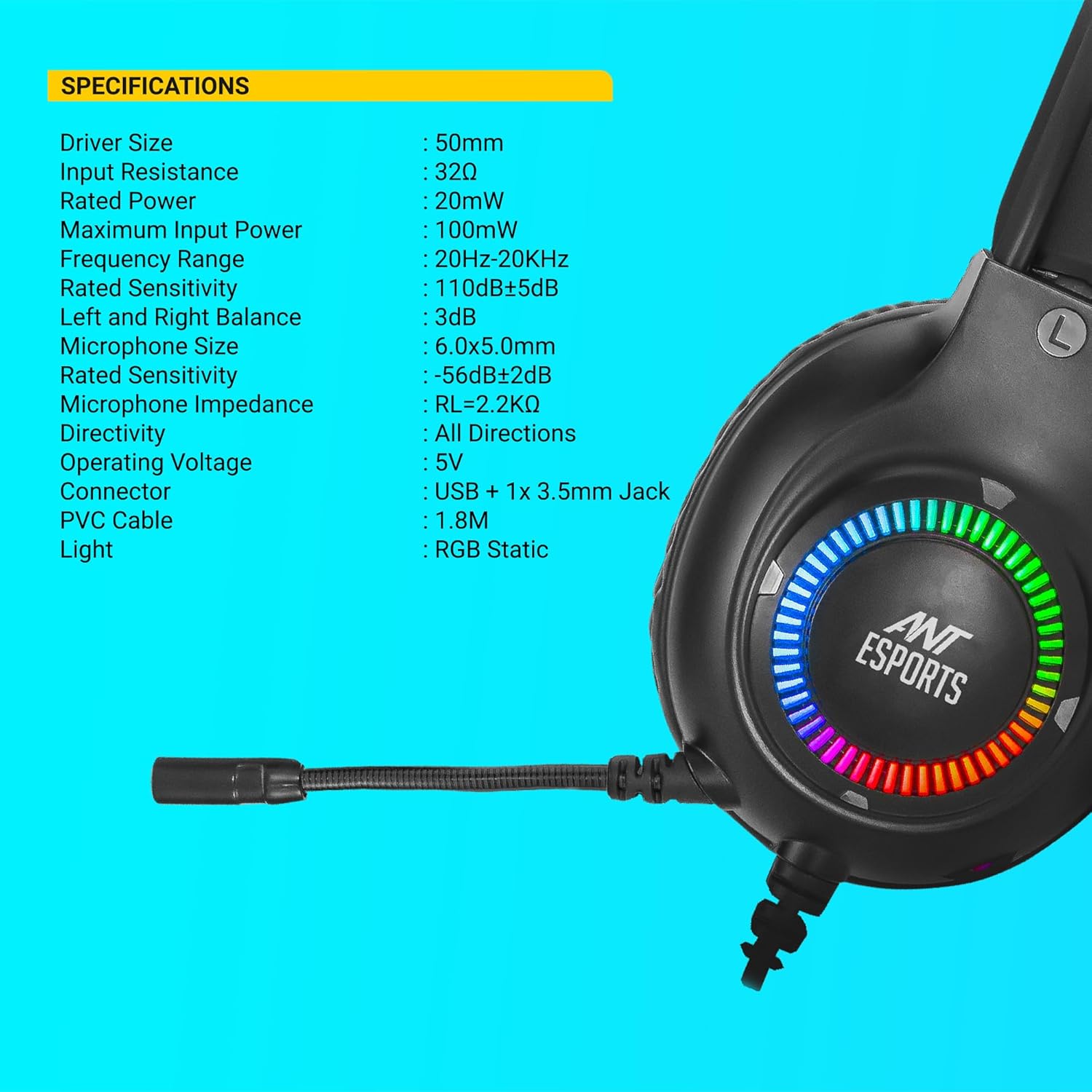 Ant Esports H580 Gaming Headset with Microphone for PS4 PC Xbox one PS5 Switch Laptop, Over Ear Headphones Wired with Noise Cancelling Mic, 3.5m Audio Jack, 50mm Stereo Drivers, Led Light – Black