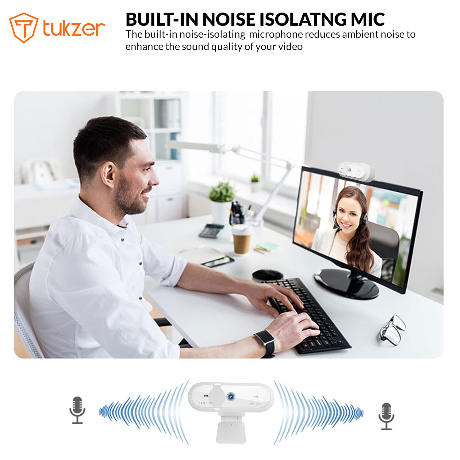 Tukzer 2.1 MP Optical Full HD 1080P Web Camera, CMOS Webcam with Microphone| Privacy Cover| Auto-Focus| 360° Rotatable, Tripod Ready Mount | Plug-n-Play USB for Windows, Mac (White)