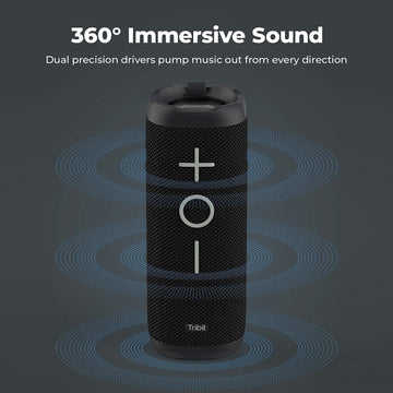 Tribit StormBox 24W Bluetooth Wireless Speakers,360°Surround Sound,Enhanced Bass-Independent XBass Button,Wireless Dual Pairing,Built-In Mic,IPX7 Waterproof,20H Playtime,Outdoor Portable Speaker,Black