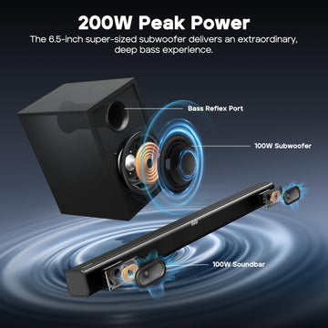 Tribit Soundbar Speaker S1 with Wired Subwoofer for Deep Bass(200W Peak), 2.1 Channel TV Home Theatre, BT5.3, LED Display, Multiple Connectivity and 4 EQ Modes, Bass & Treble Control & Remote Control