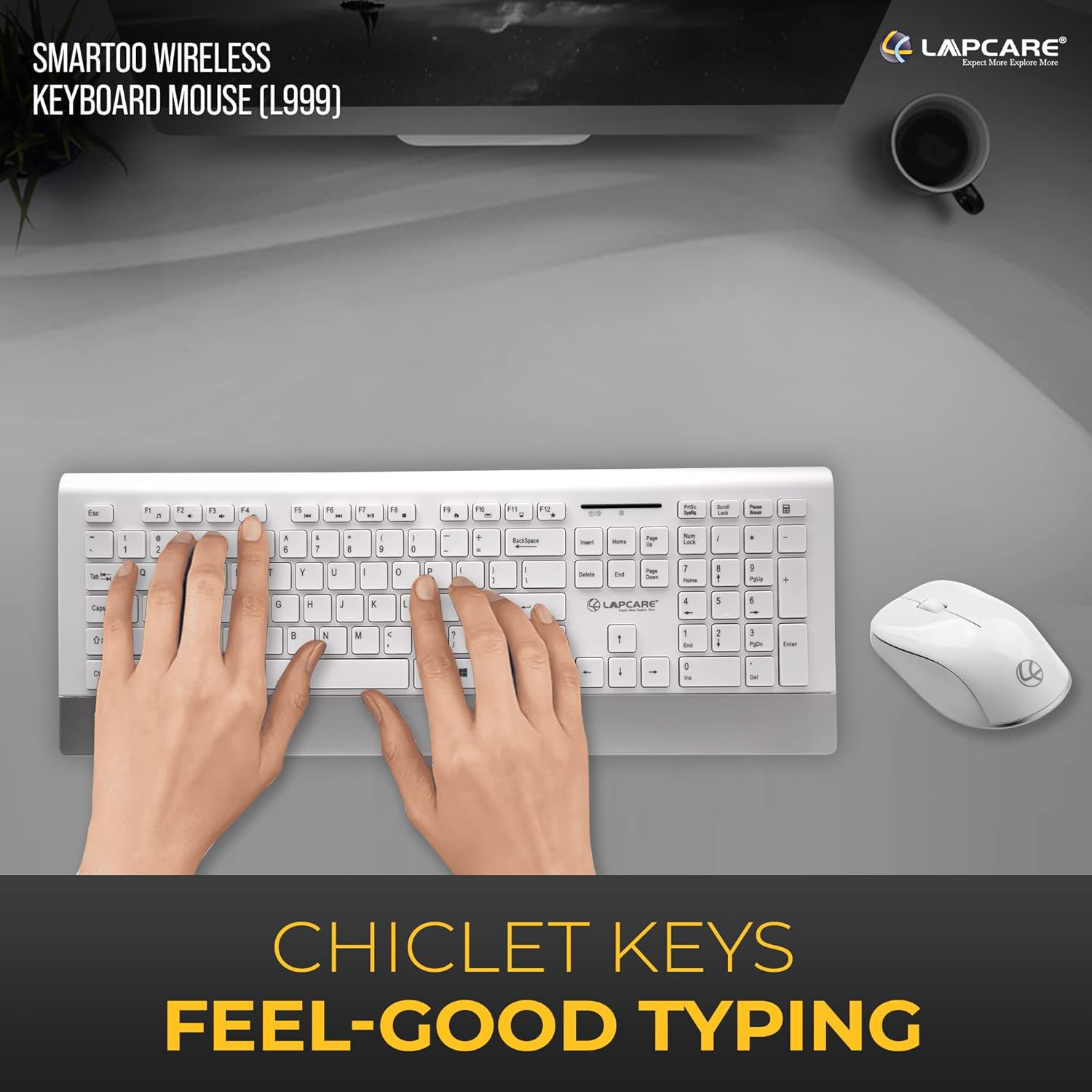 Lapcare Smartoo Wireless Membraned Keyboard and 1200 DPI Mouse Combo with Auto Sleep (White/Silver)