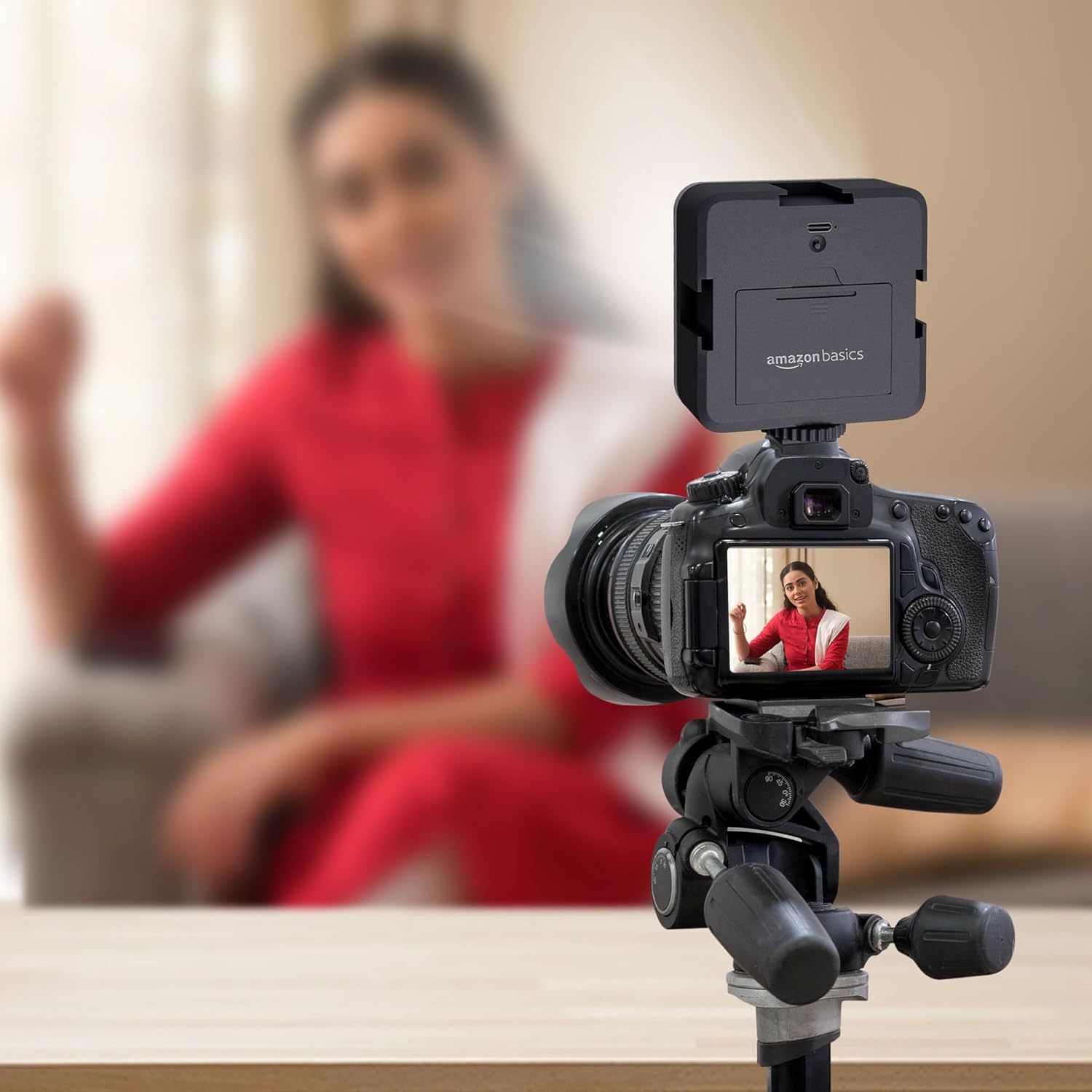 Amazon Basics Rechargeable Selfie Light | 100 LED Beads |Laptop & Makeup Light| Use with Cameras, Computers and Selfie Sticks