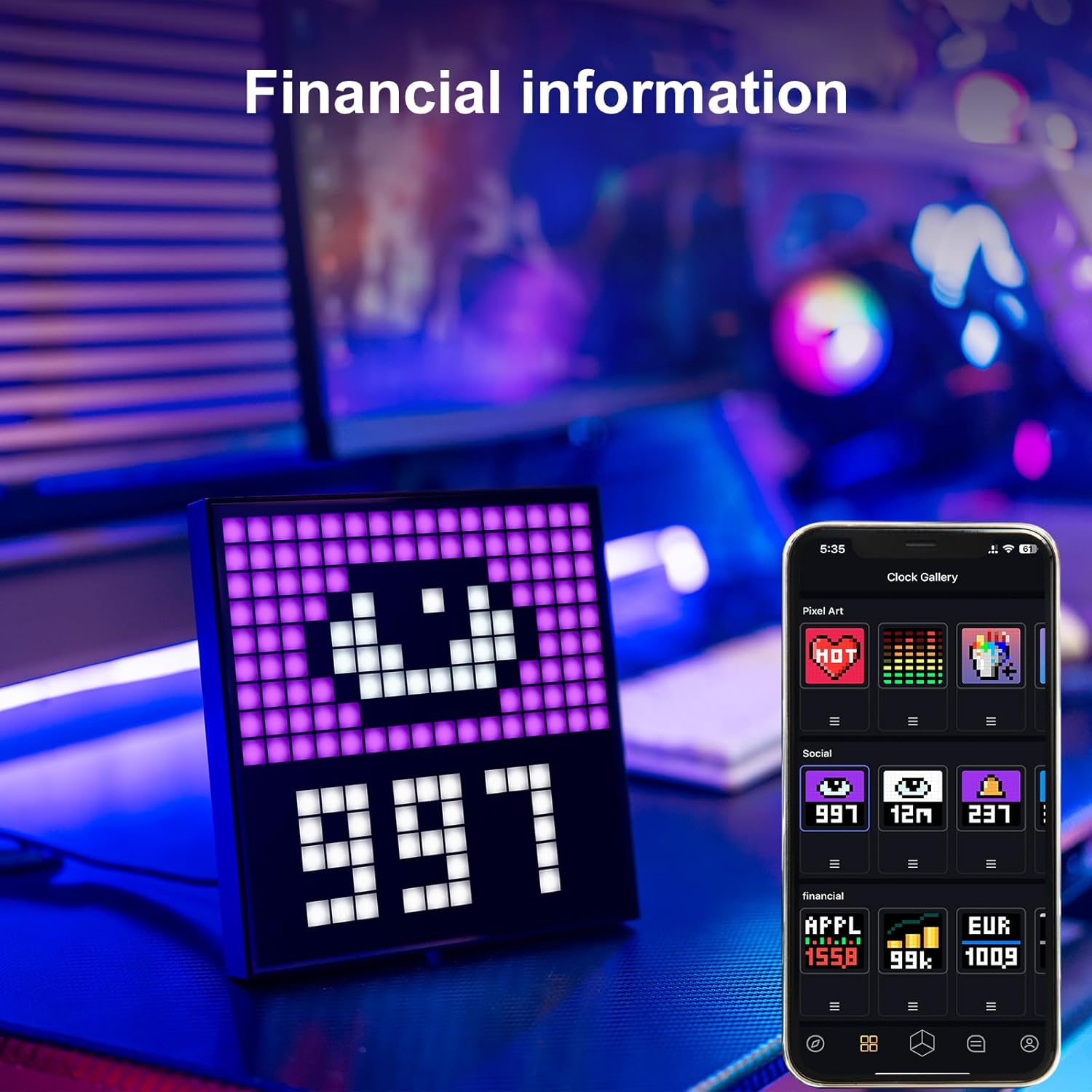 Divoom Pixoo 16 - Pixel Art Digital Clock with APP Control & WiFi Connects, 16x16 Pixel LED Large Display Smart Clock with Date, Event Reminder, Message Board for Home, Office, Bedrooms