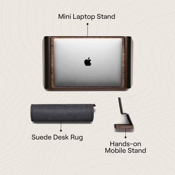 NOOE Config MEL Premium Walnut Desk Essentials Set Anywhere Mini Laptop Stand, Hands-On Mobile Stand & Soft Desk Rug | Workspace Decluttering Kit for Home & Office Setup